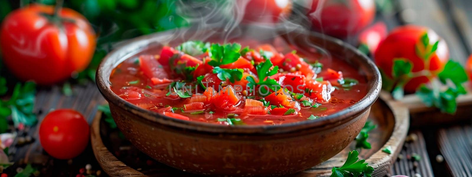 hot borscht in a plate. Selective focus. by yanadjana
