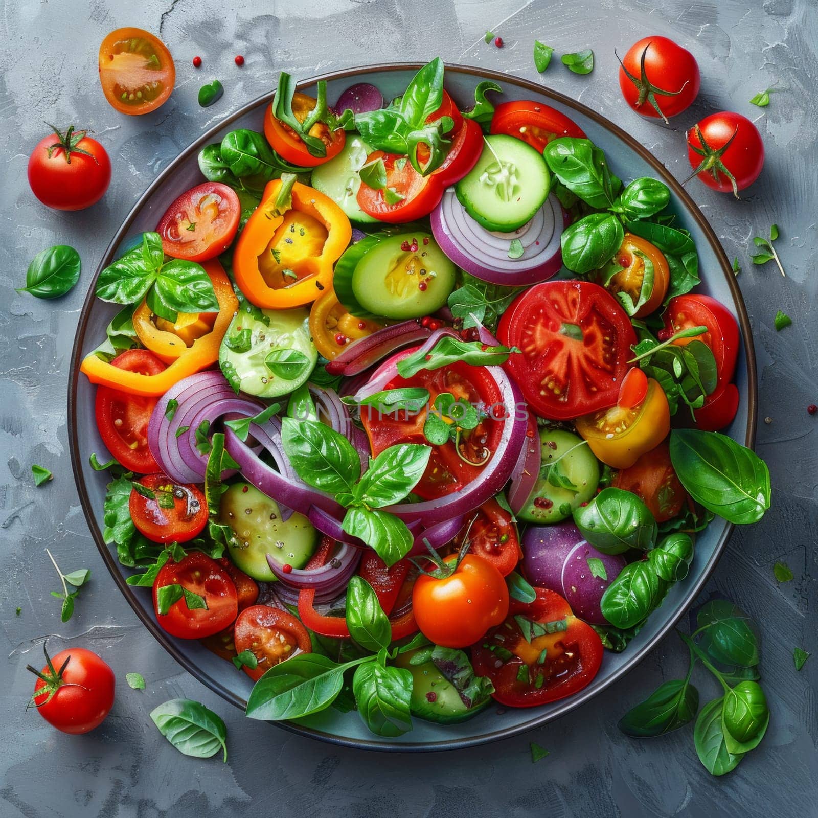 Top view of a bowl of salad with tomatoes, cucumbers, and onions in a grey rustic background.