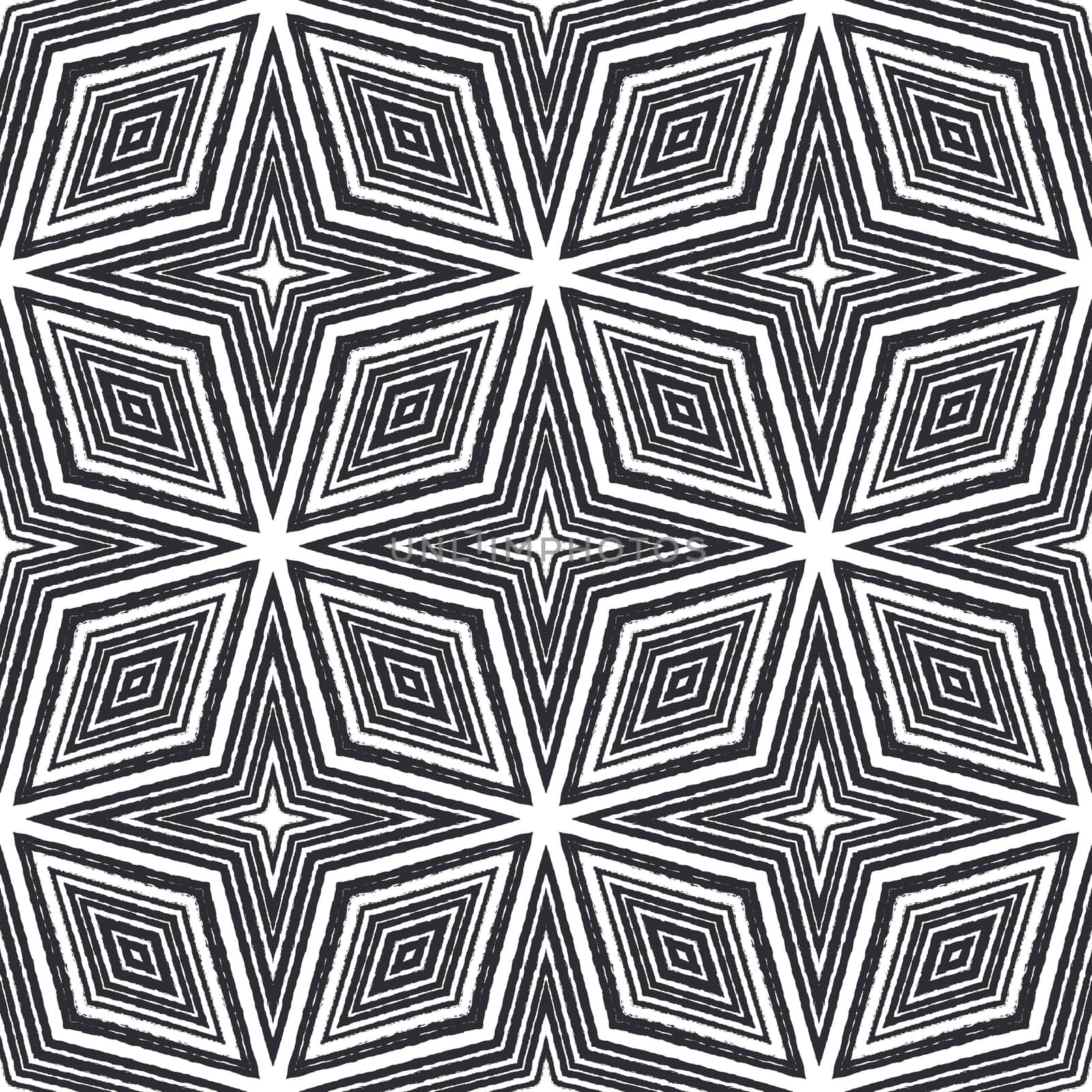 Striped hand drawn pattern. Black symmetrical kaleidoscope background. Repeating striped hand drawn tile. Textile ready energetic print, swimwear fabric, wallpaper, wrapping.