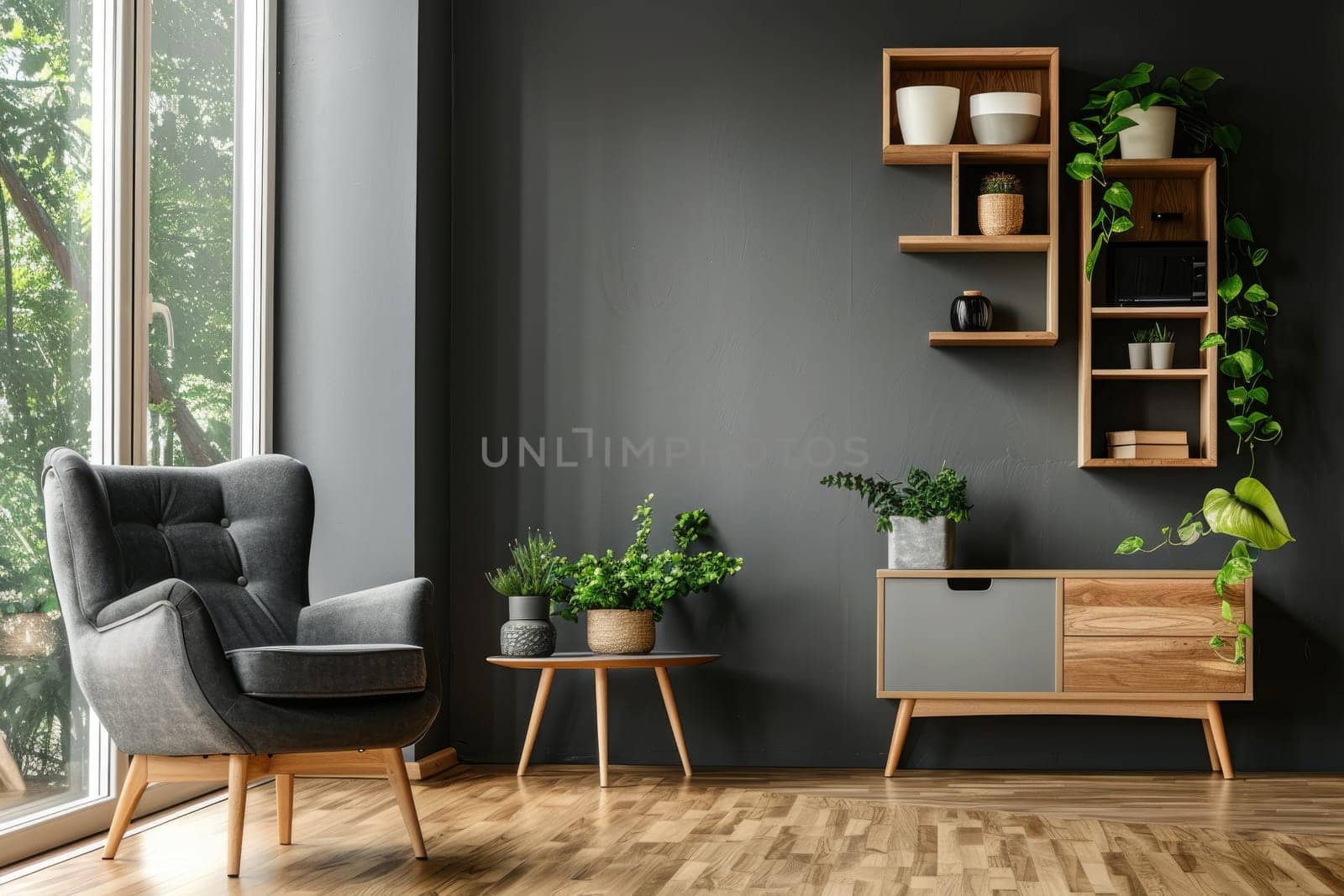 Gray bucket chairs next to the window and wooden shelves and cabinets on the dark walls. by AI generated image by wichayada