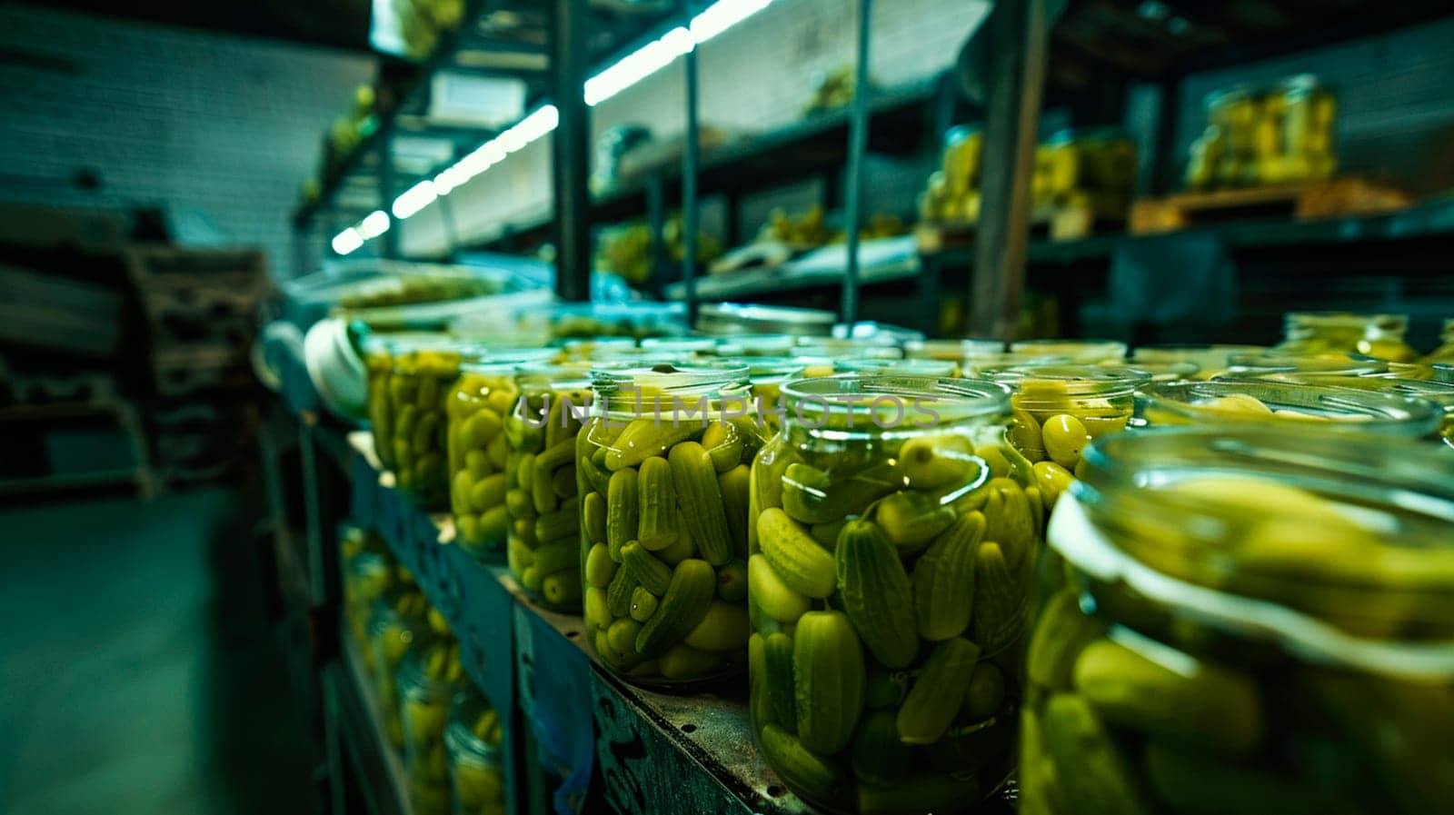 jars of cucumbers in the factory industry. selective focus. by yanadjana