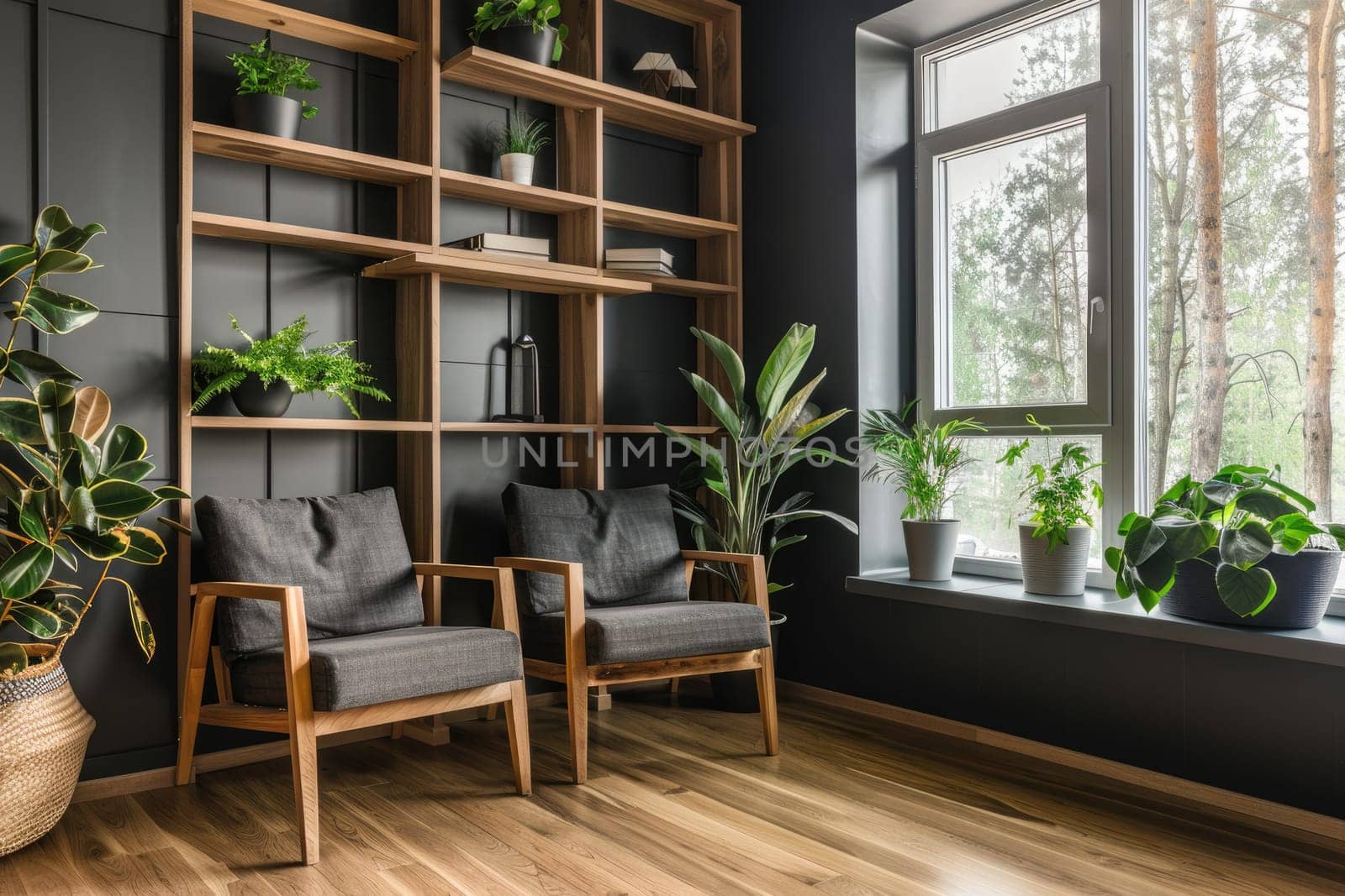 Gray bucket chairs next to the window and wooden shelves and cabinets on the dark walls. by AI generated image by wichayada