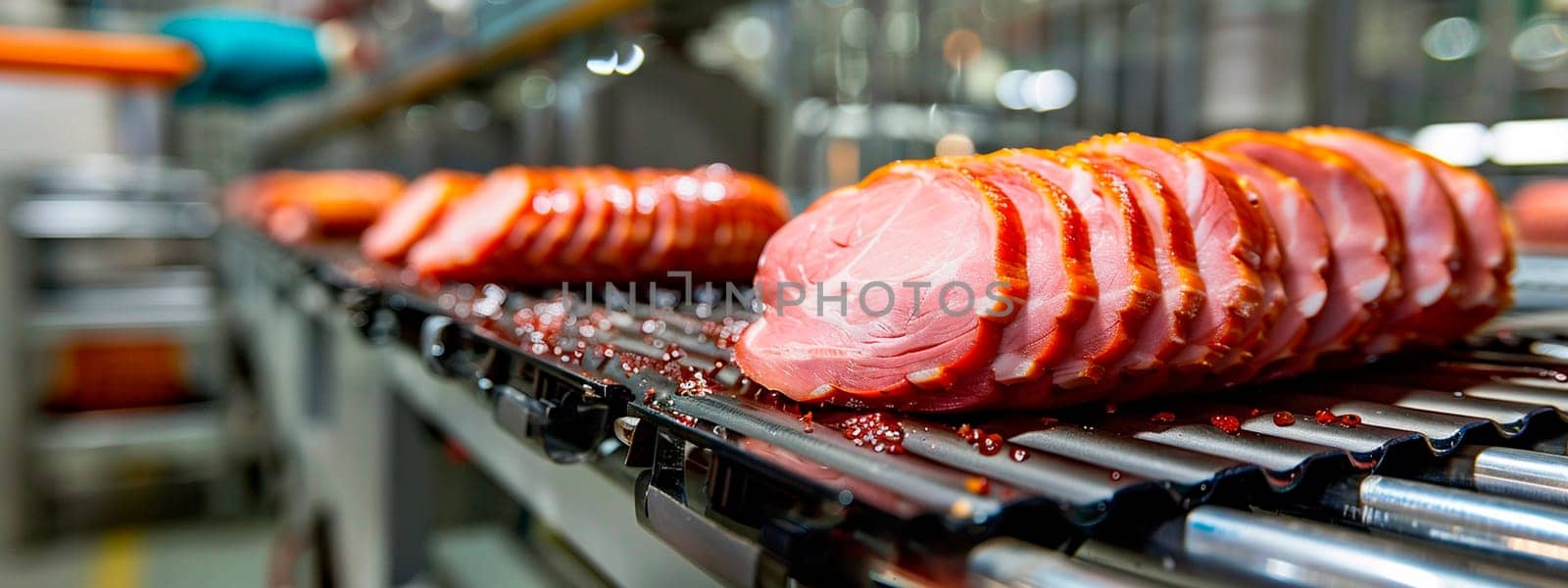 ham in the factories industry. Selective focus. food.