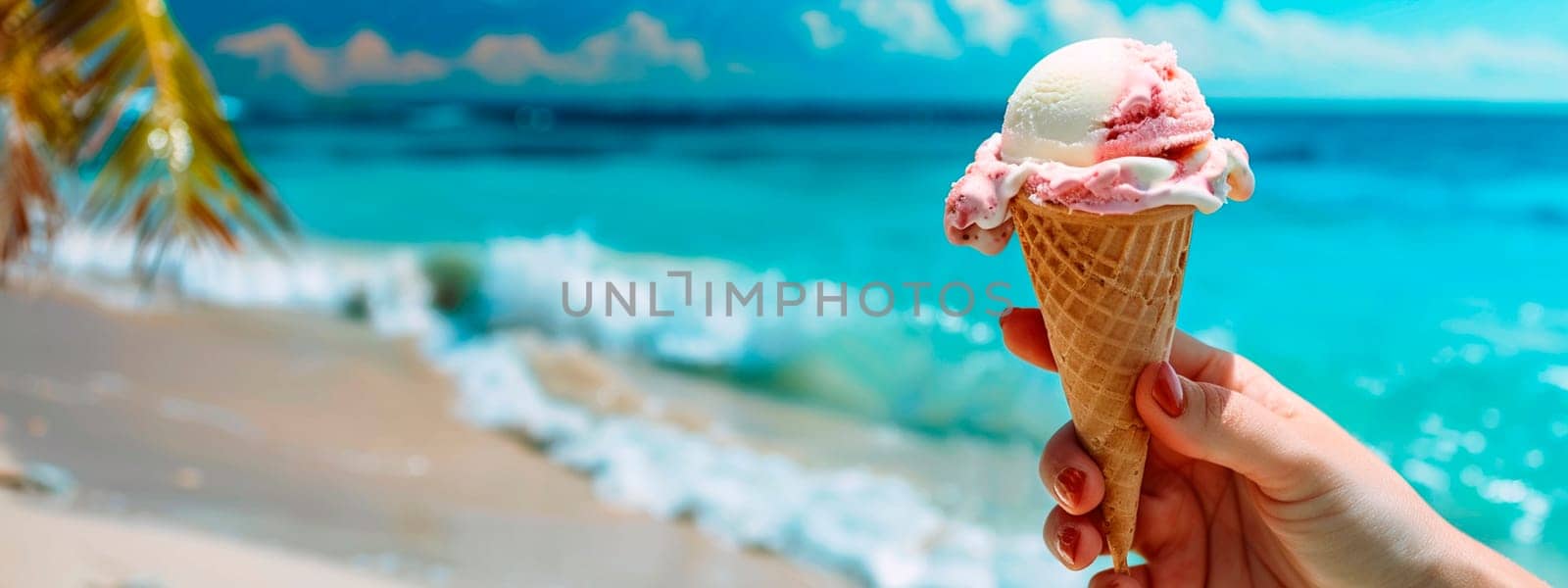 ice cream in hand against the backdrop of the sea. selective focus. food.