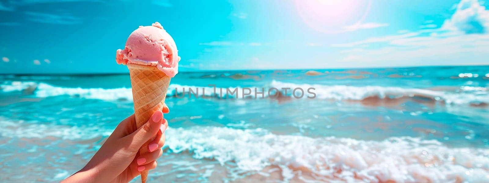 ice cream in hand against the backdrop of the sea. selective focus. food.