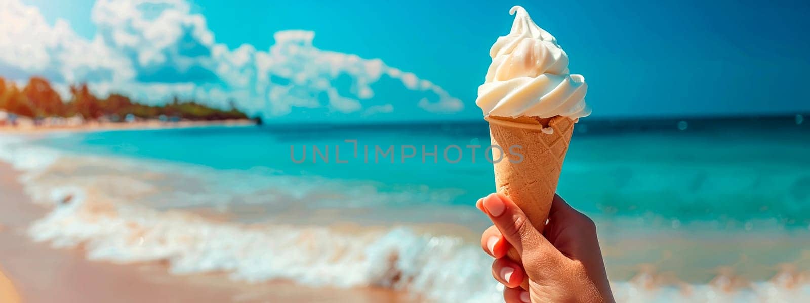 ice cream in hand against the backdrop of the sea. selective focus. by yanadjana