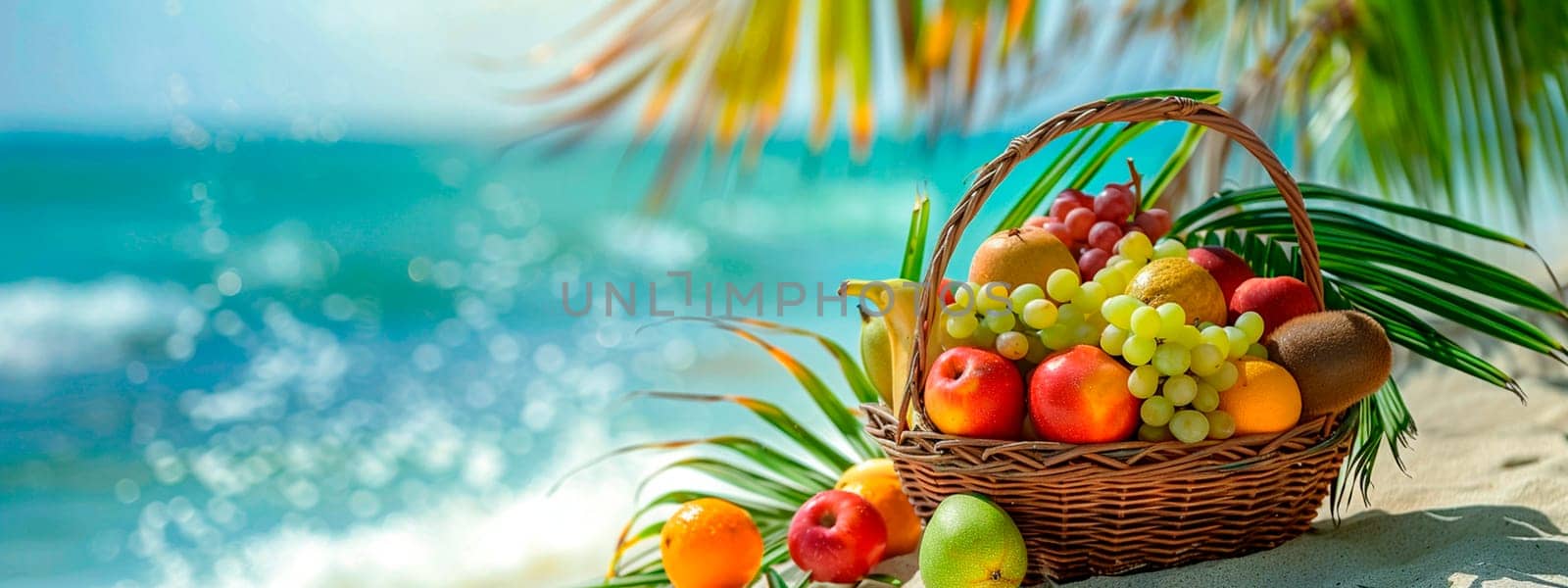 various exotic fruits against the backdrop of the sea. selective focus. food.