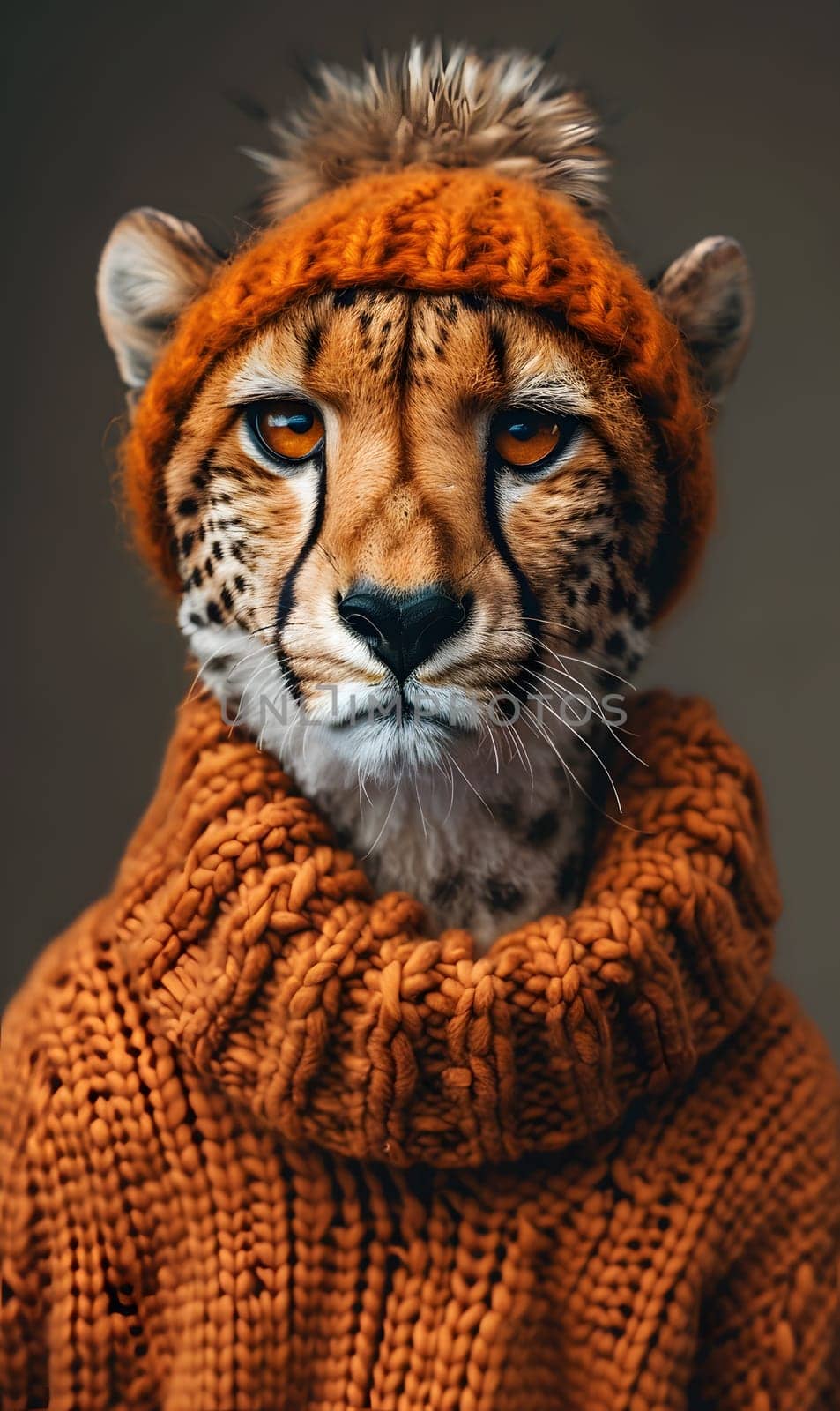 Carnivore felidae in orange sweater and hat, resembling a Bengal tiger by Nadtochiy
