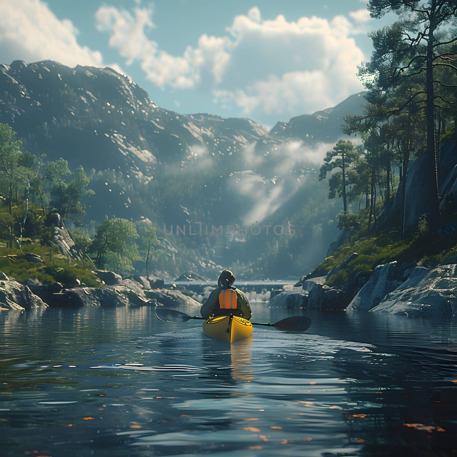 A man paddles his yellow kayak down a serene river, surrounded by majestic mountains, with the sky filled with fluffy clouds overhead