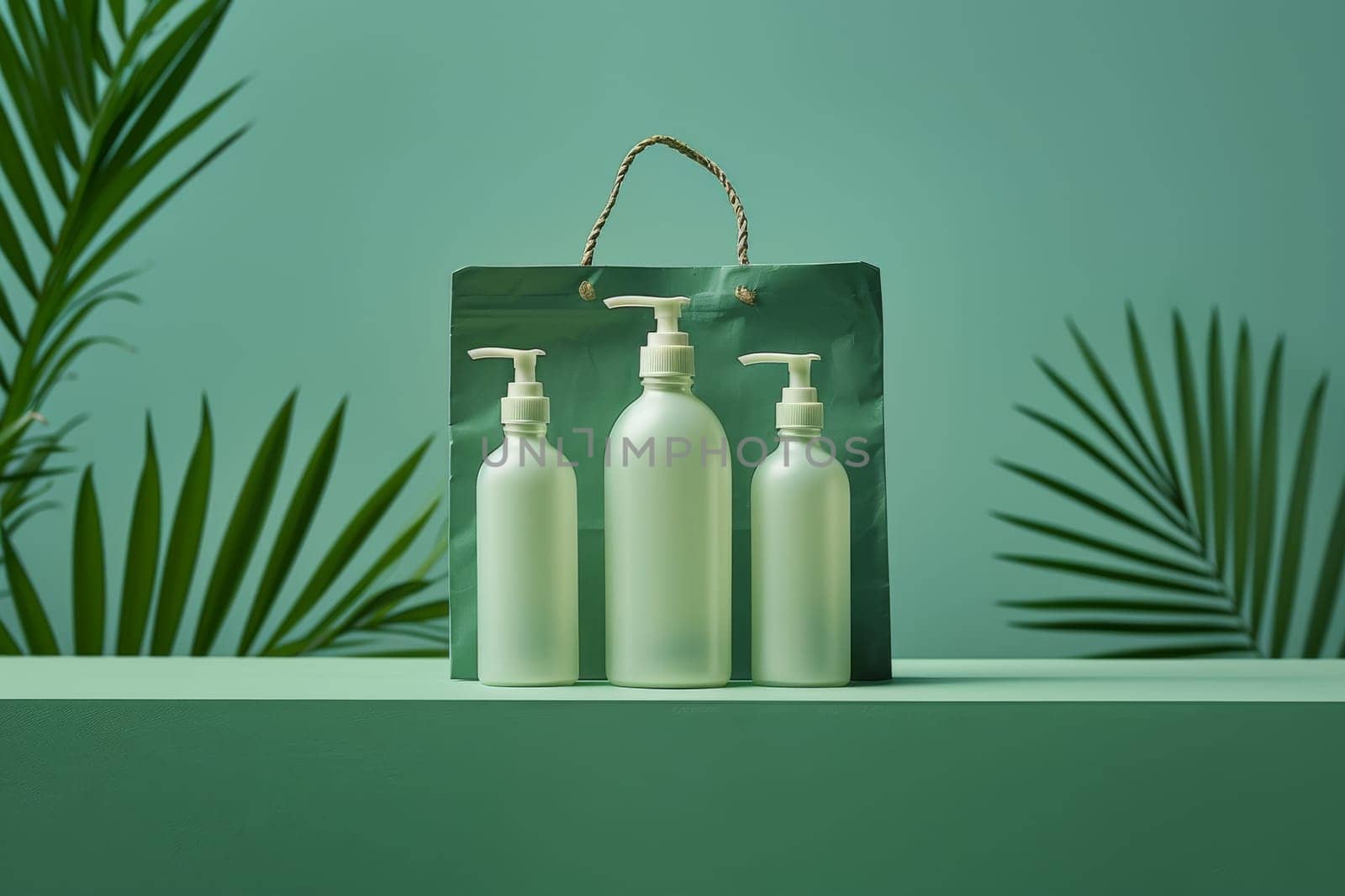 A table with three bottles of lotion and a small bag of flowers. The table is on a green wall