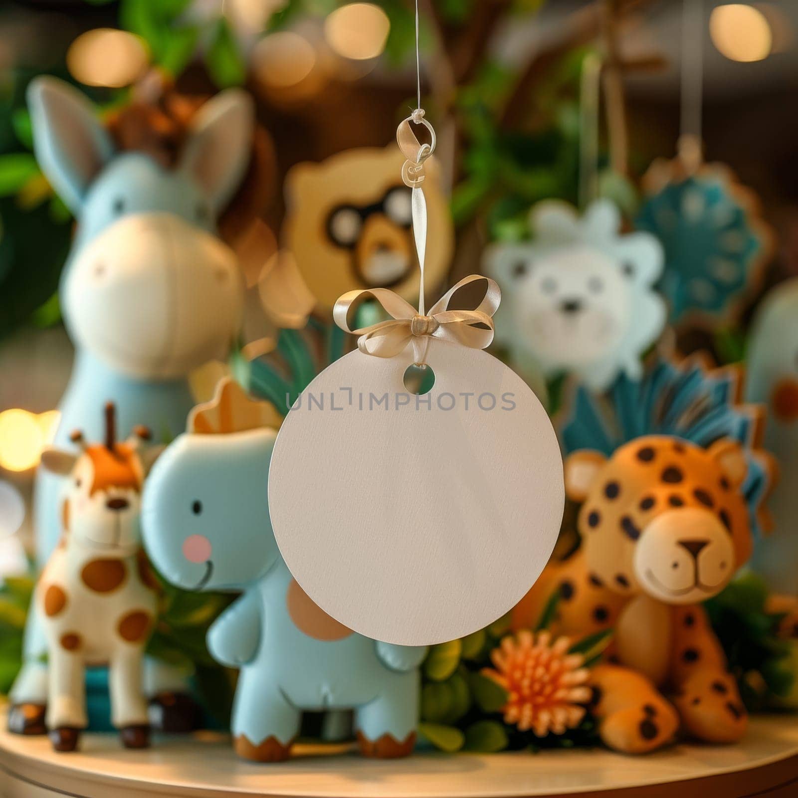 A table with a giraffe cake and other animal cakes. A white tag with the words is hanging from the cake