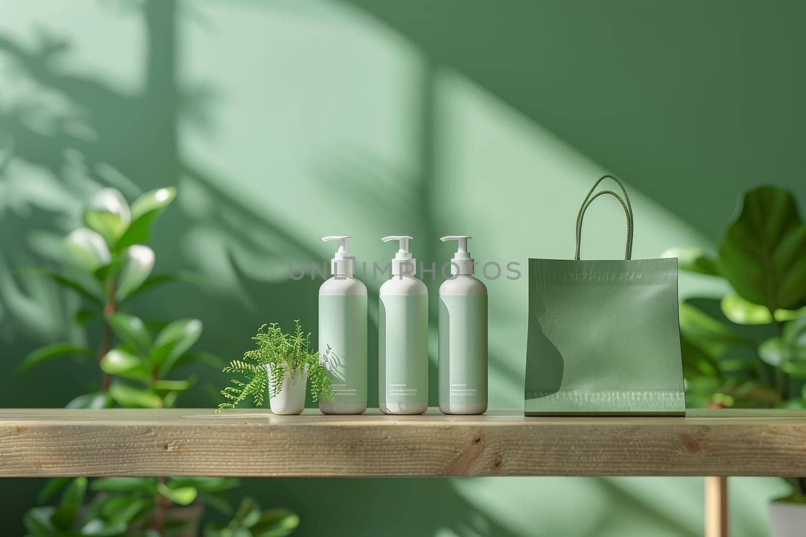 Two bottles of shampoo and conditioner are displayed in a green bag. Concept of freshness and cleanliness, as the products are typically used for personal hygiene