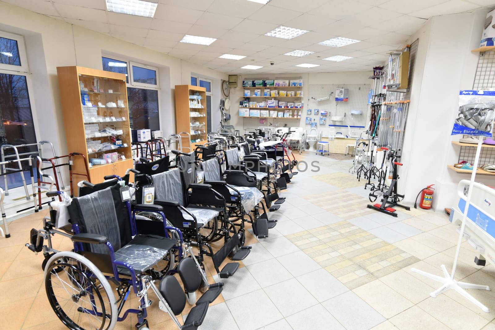Moscow, Russia - Mar 28. 2024. Wheelchairs in the medical store in Zelenograd