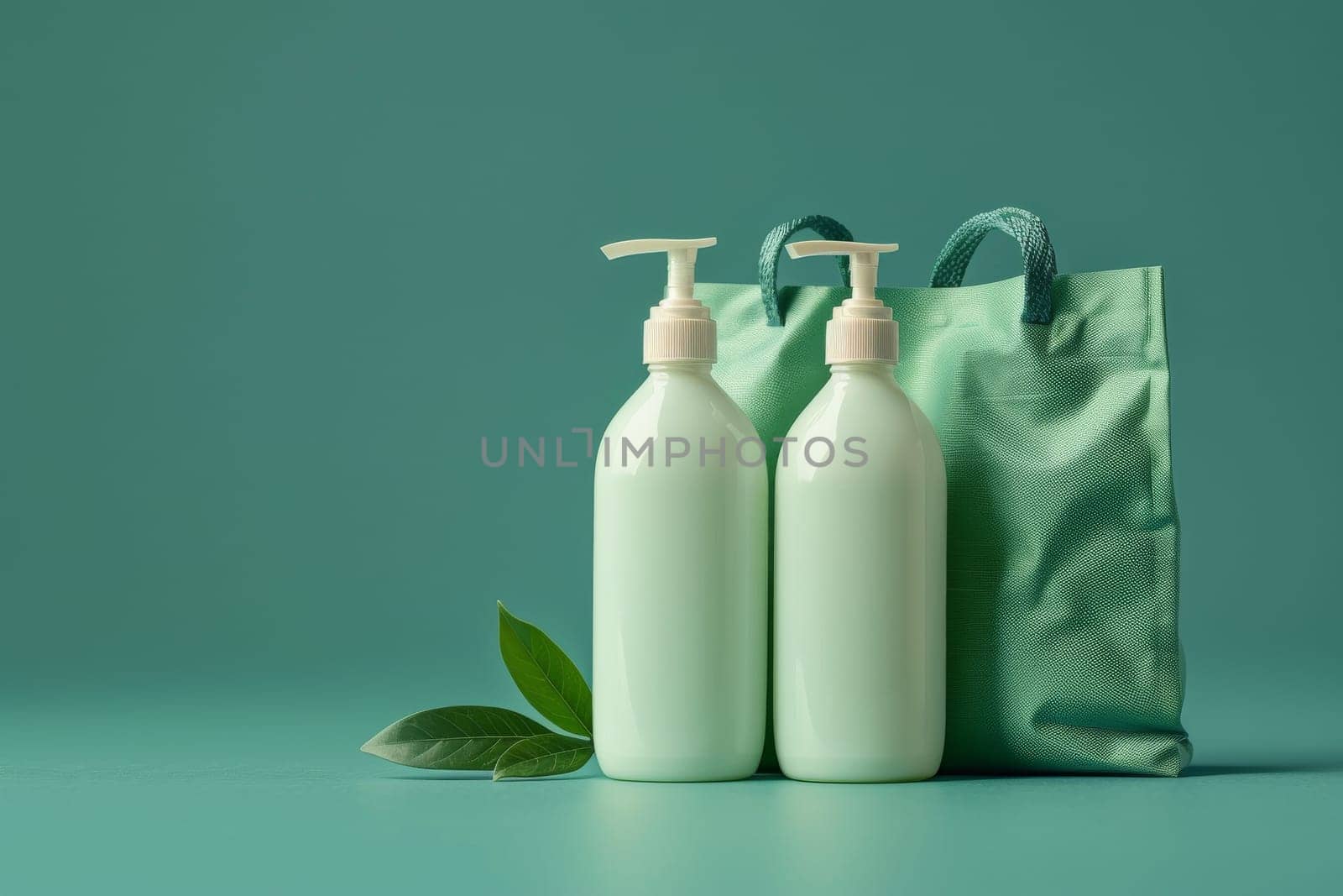 A table with three bottles of lotion and a small bag of flowers. The table is on a green wall