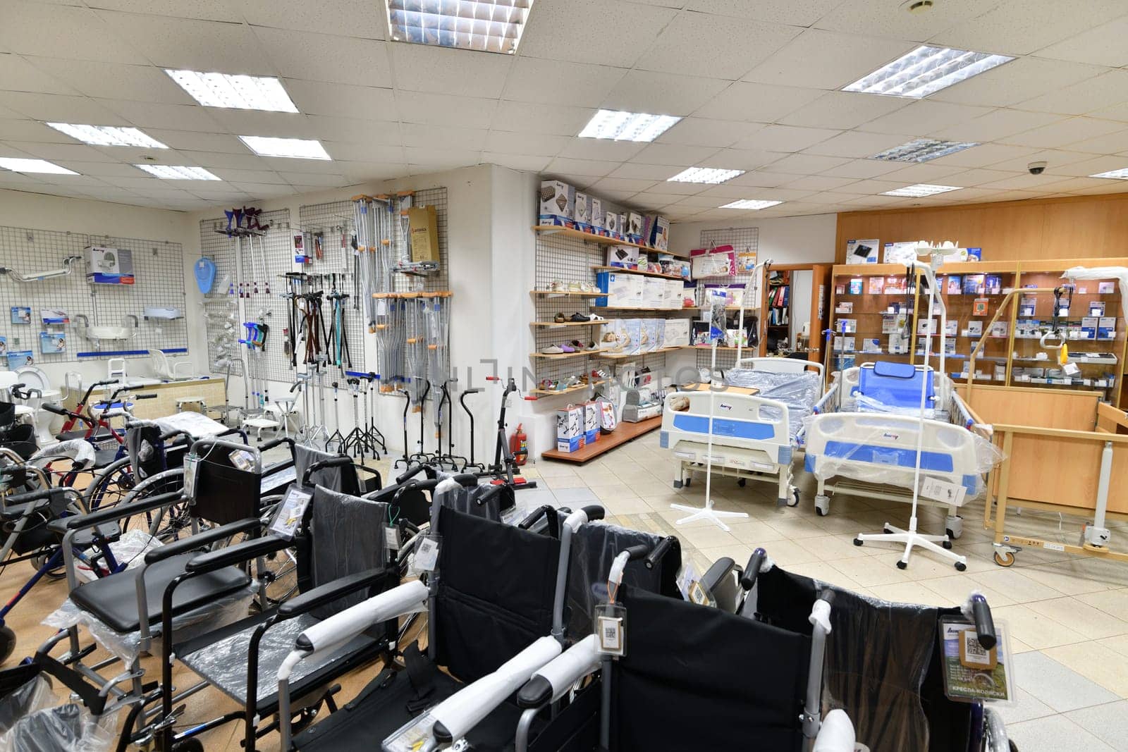Moscow, Russia - Mar 28. 2024. Wheelchairs in a medical store in Zelenograd by olgavolodina