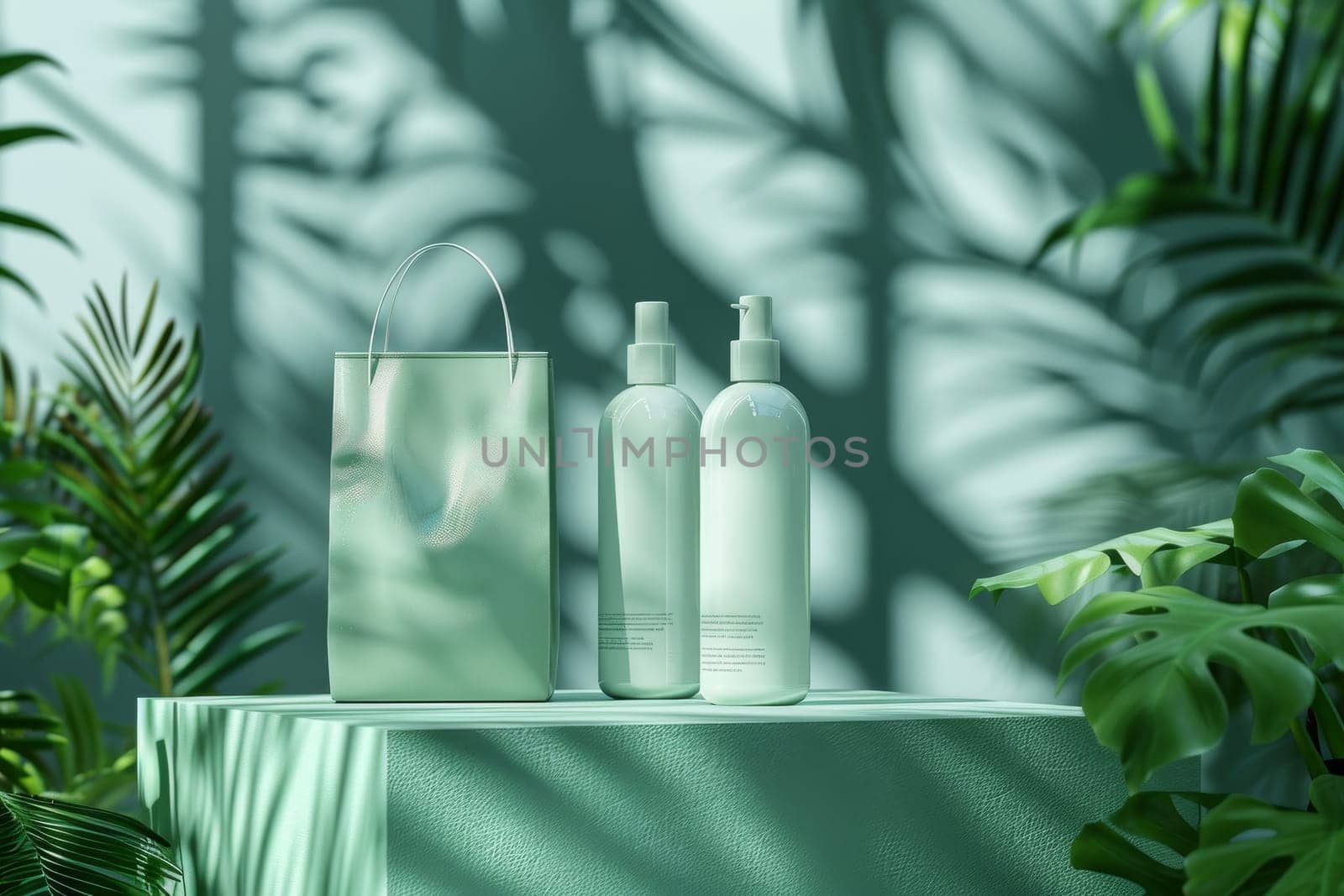 A green background with a white bag and three bottles of lotion. The bottles are placed on a table in front of the bag