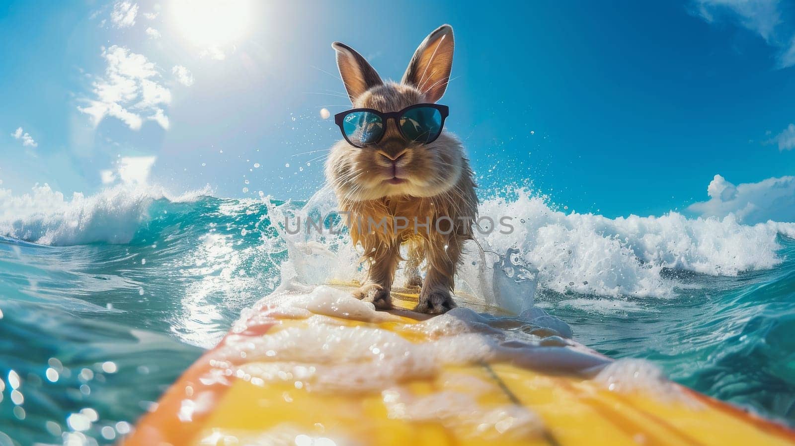 A rabbit is surfing on a yellow surfboard in the ocean. The rabbit is wearing sunglasses and he is enjoying the water