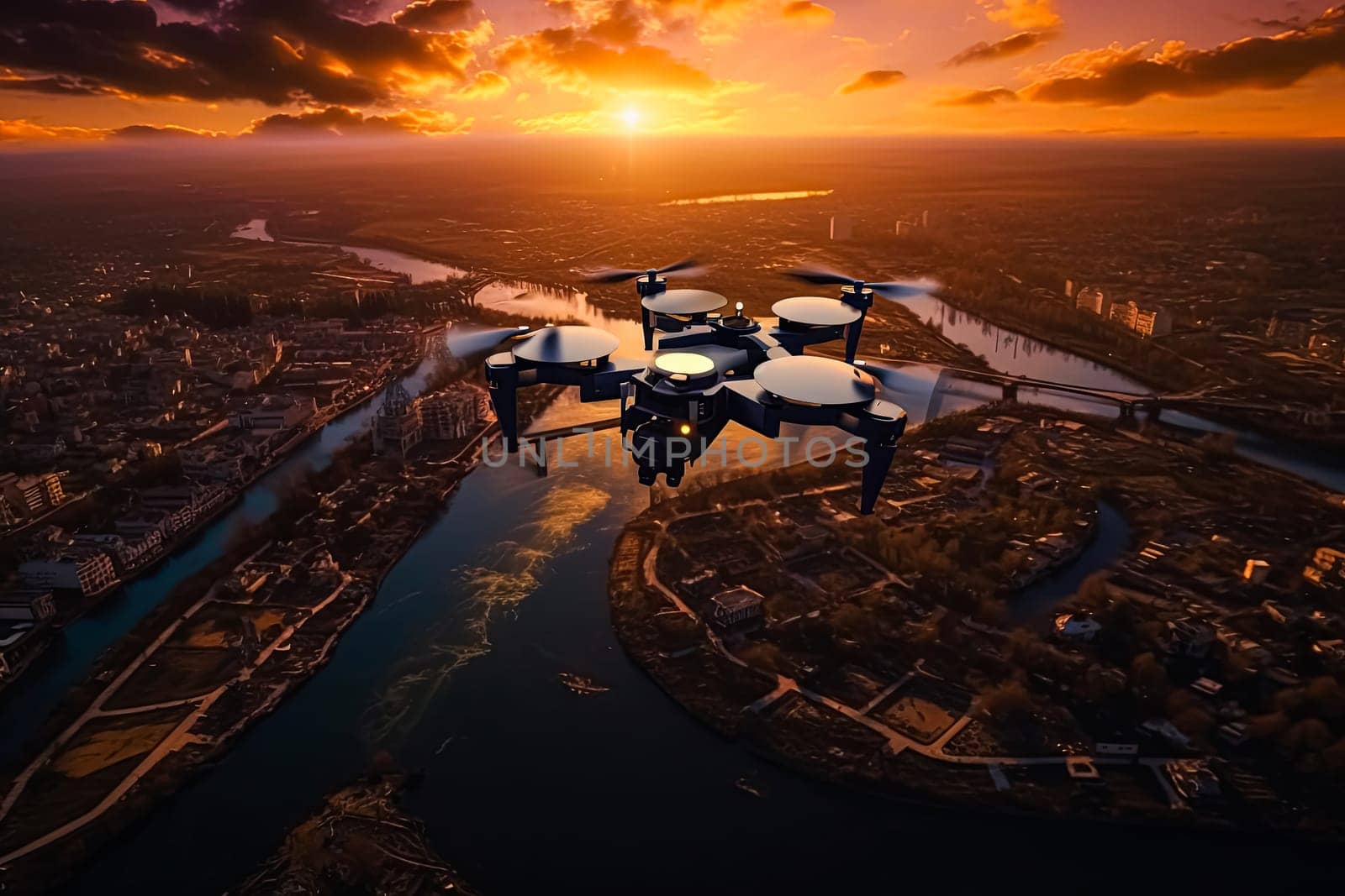A futuristic drone is flying over a body of water with a beautiful sunset by Alla_Morozova93