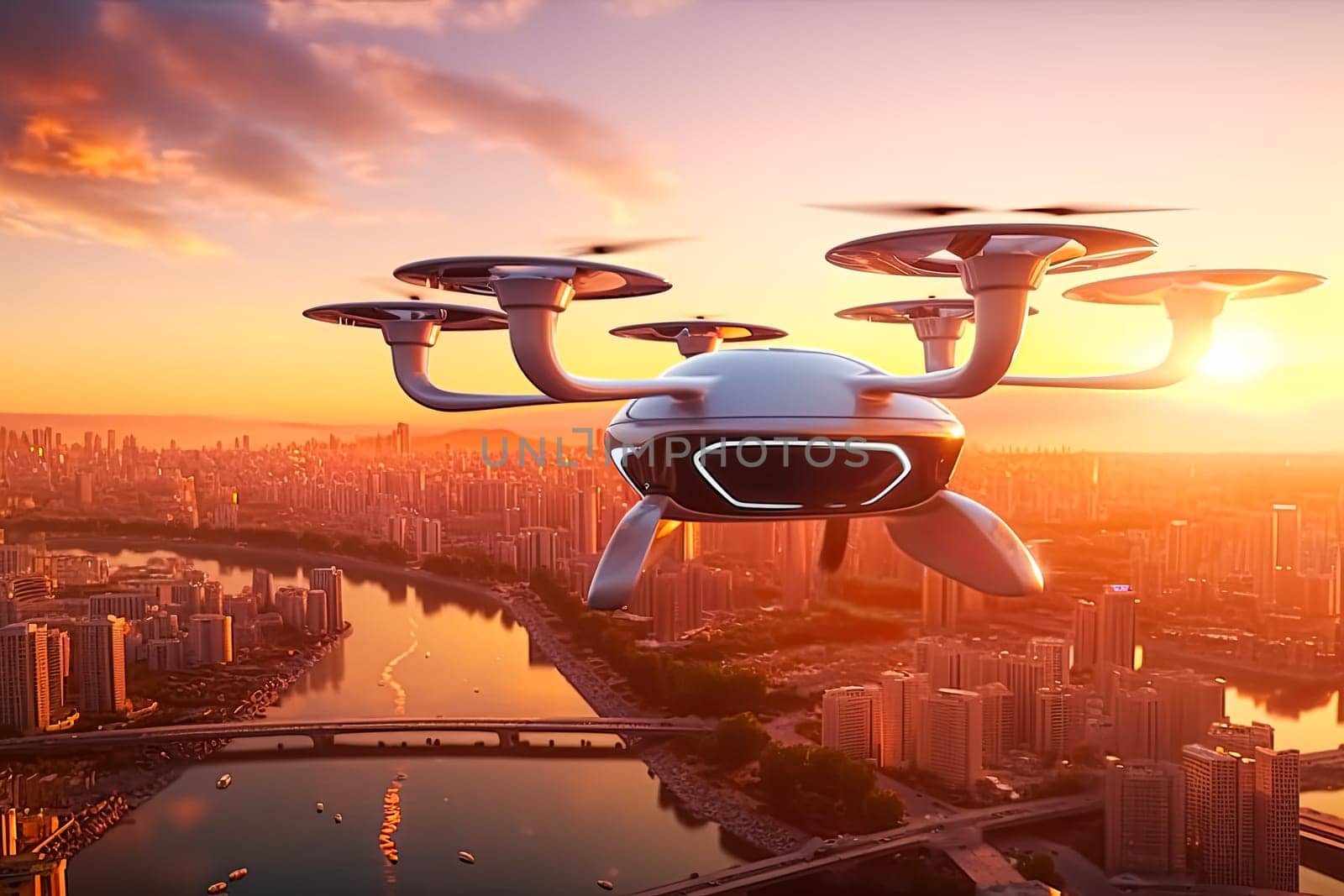 A futuristic drone is flying over a body of water with a beautiful sunset by Alla_Morozova93