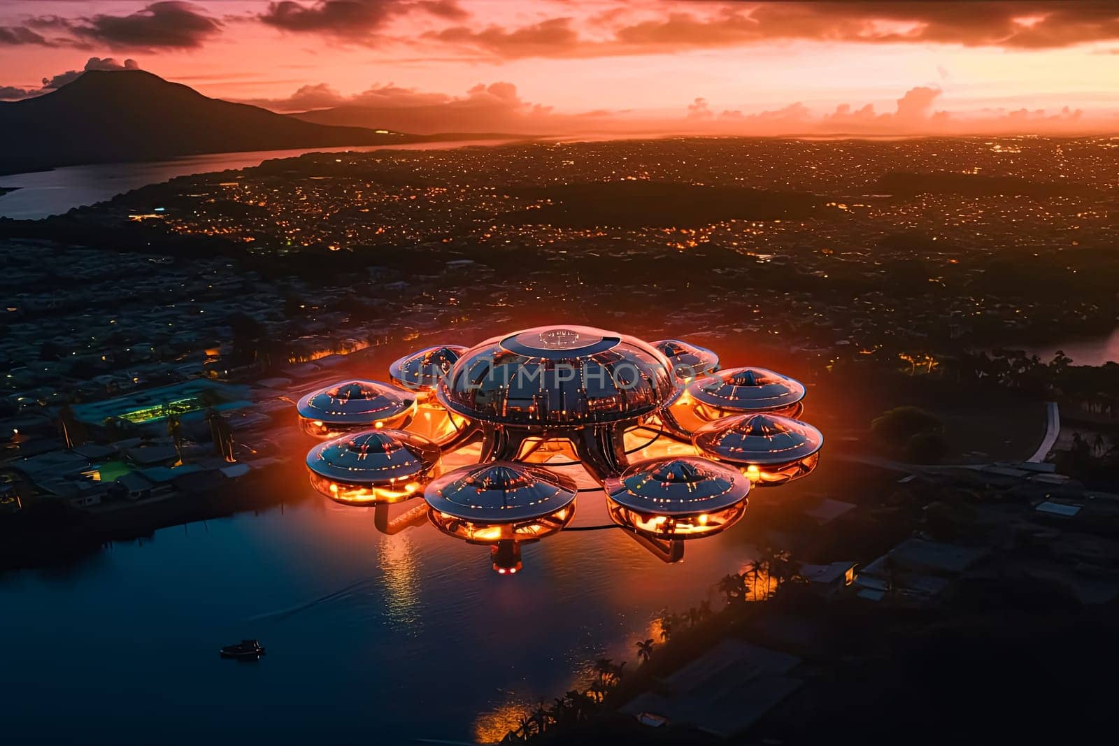 A futuristic drone is flying over a body of water with a beautiful sunset in the background. The drone is surrounded by a group of smaller drones, creating a sense of unity and teamwork