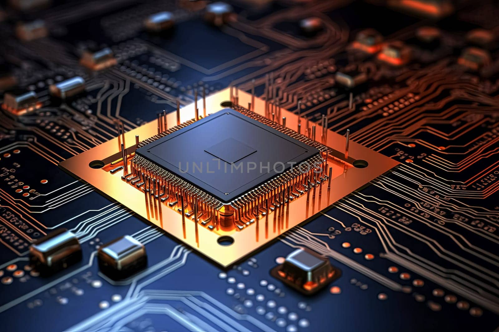 A close up of a computer chip with a gold colored border by Alla_Morozova93