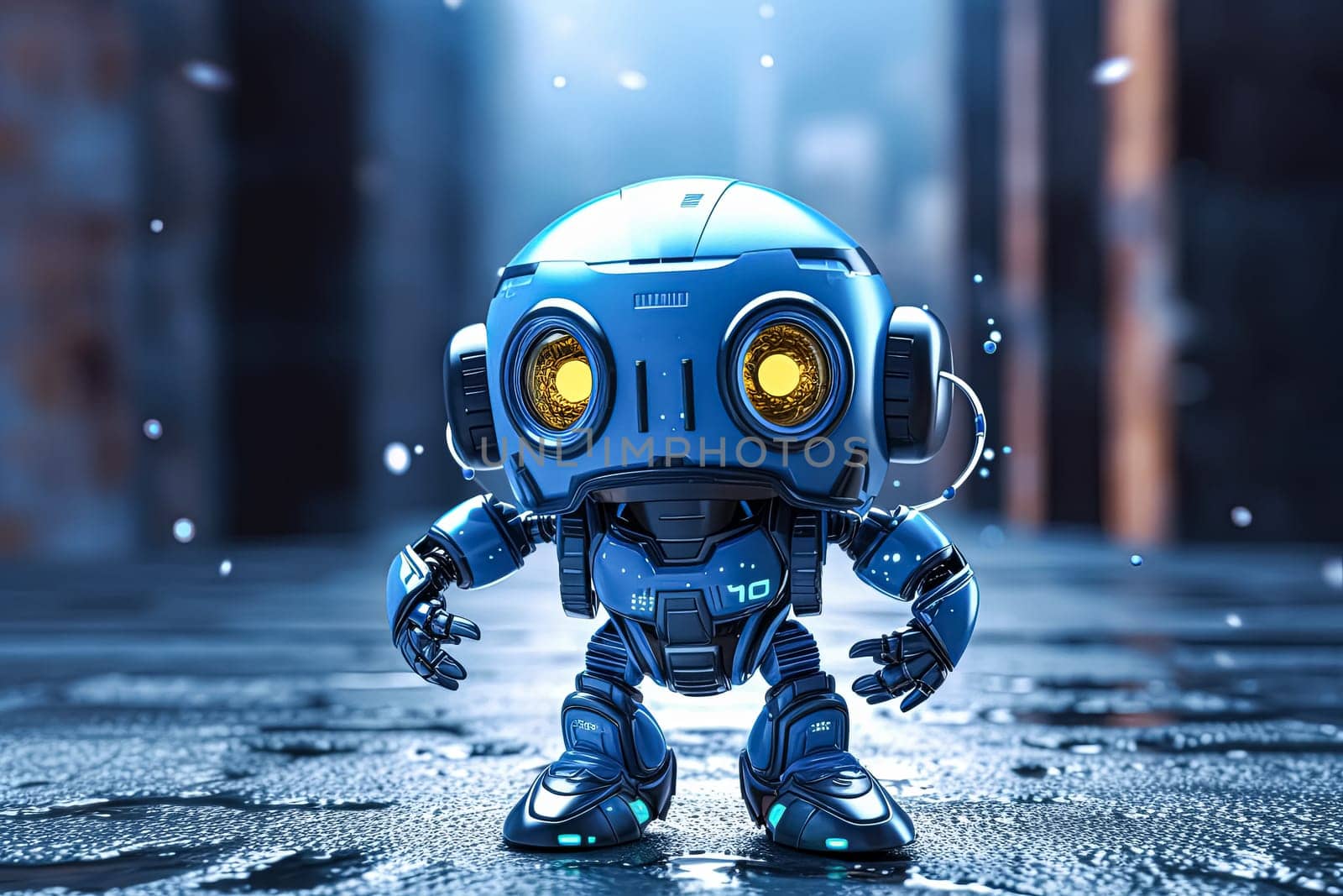 A robot is standing on a wet street. The robot is blue and yellow