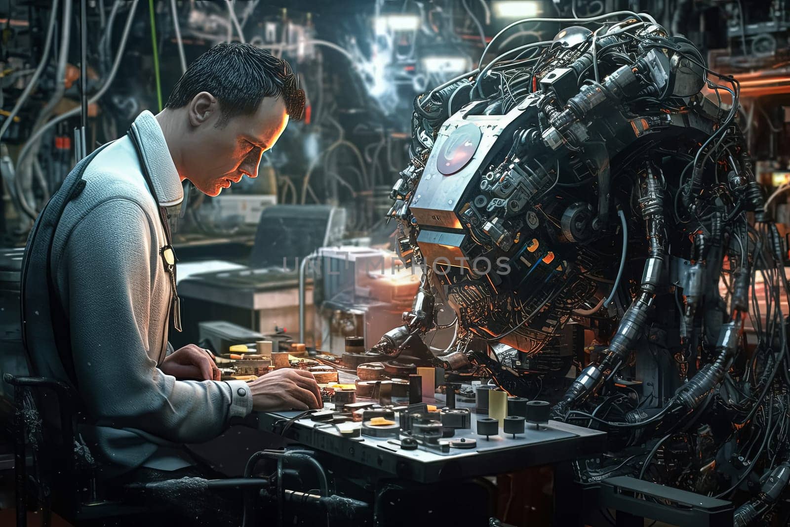 A man is working on a robot in a lab. The robot is made of wires and has a red square on its chest. Scene is futuristic and technological