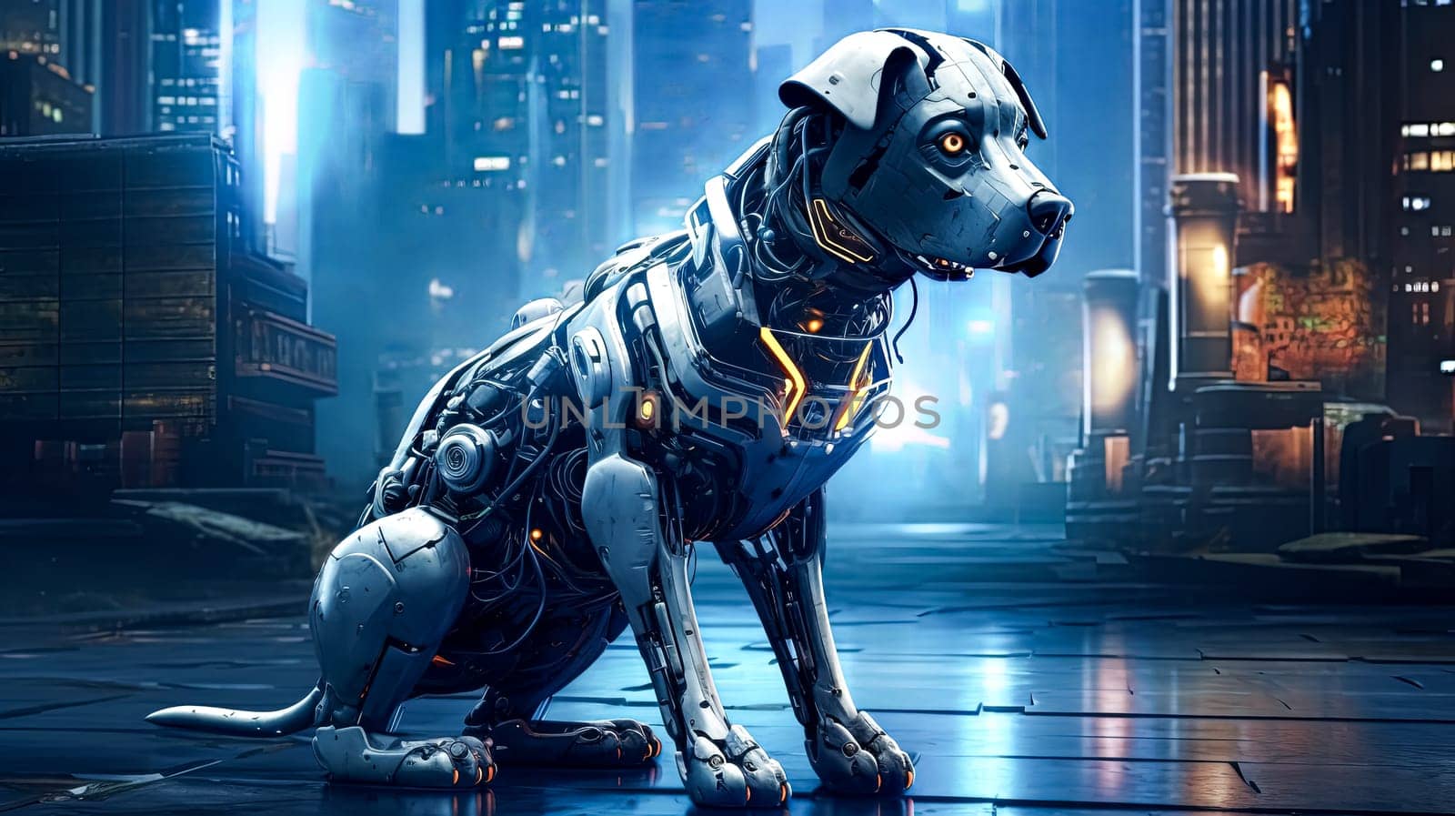 A dog with a robotic face is standing in front of a cityscape. by Alla_Morozova93