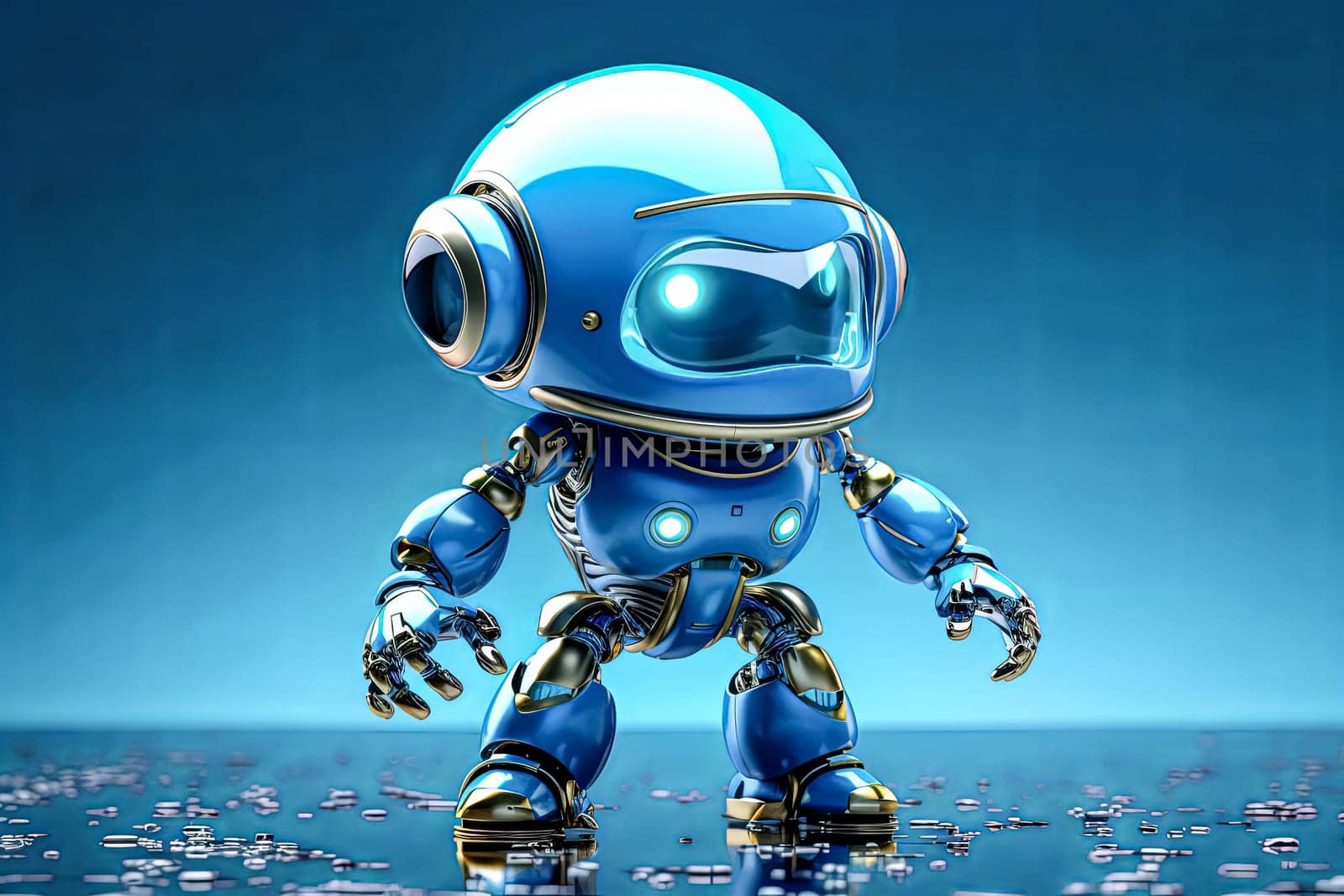 A robot is standing on a wet street. The robot is blue and yellow