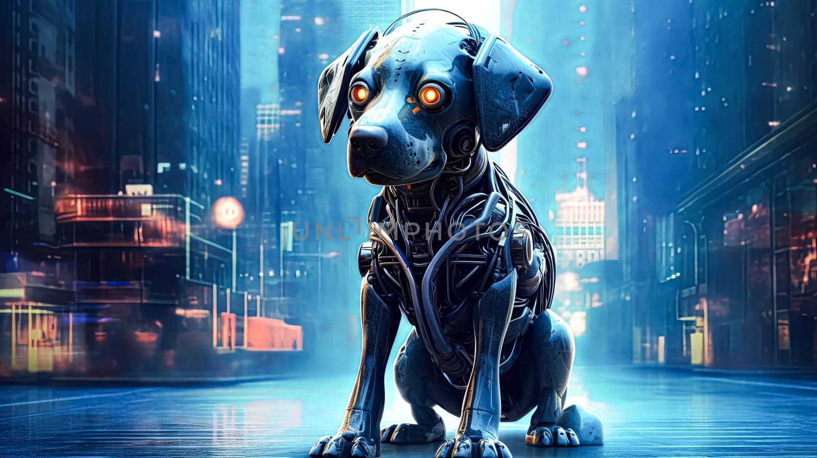 A dog with a robotic face is standing in front of a cityscape. The dog's face is made of metal and has a blue eye. The cityscape is filled with neon lights and has a futuristic feel to it