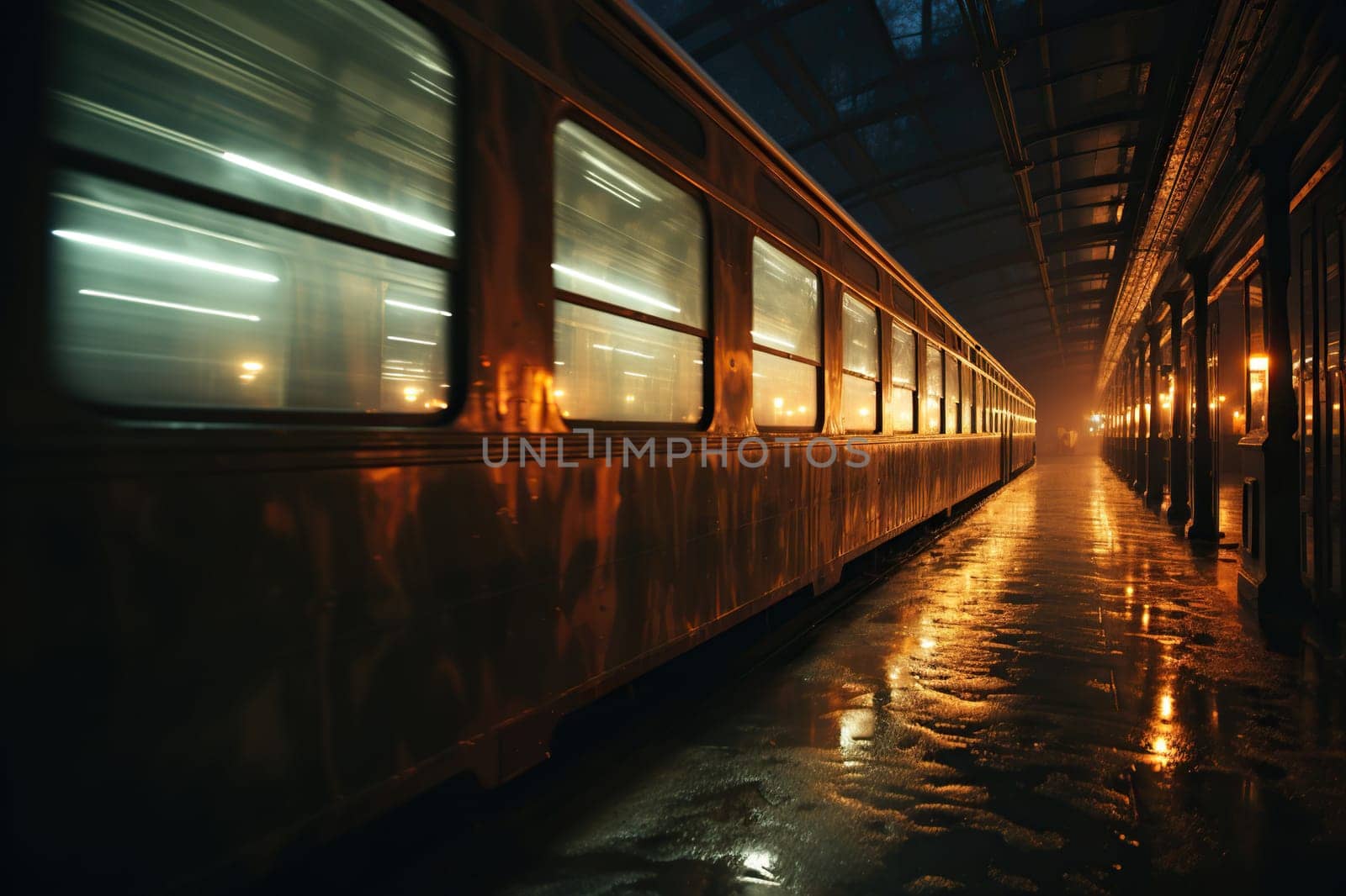 Close-up photo of a train in motion. Generated by artificial intelligence by Vovmar
