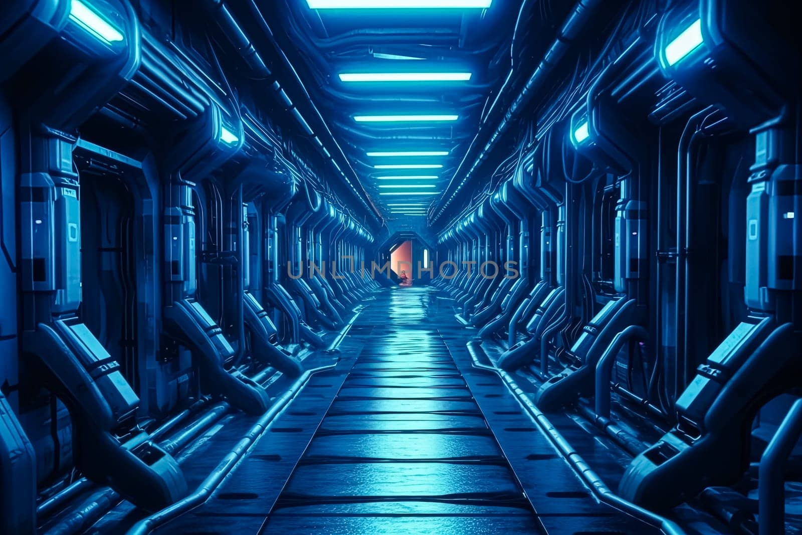 A long, narrow tunnel with blue lights shining on the walls. The tunnel is empty and he is a futuristic space