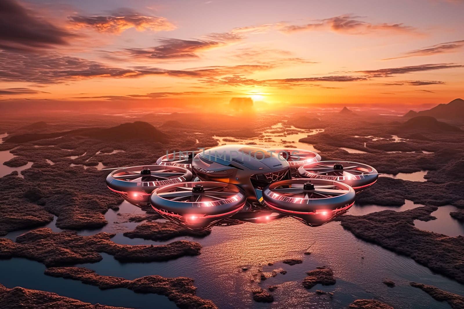 A futuristic drone is flying over a body of water with a beautiful sunset in the background. The drone is surrounded by a group of smaller drones, creating a sense of unity and teamwork