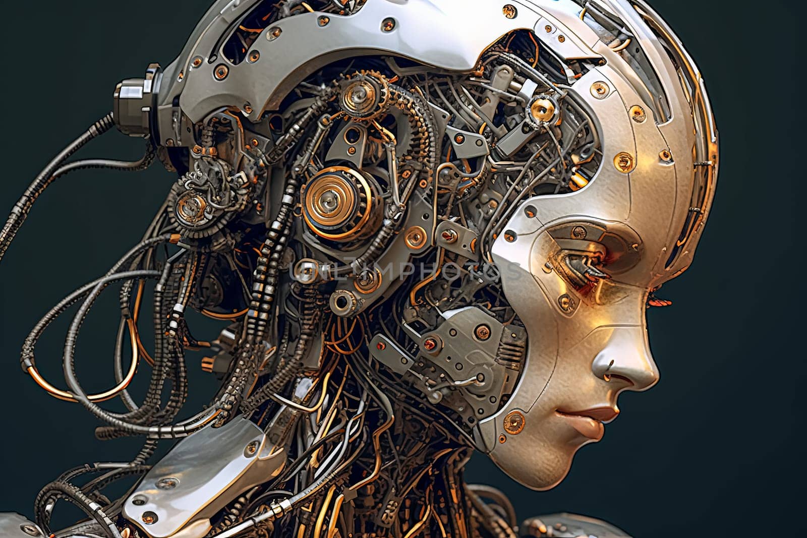 A woman with a robotic face is shown in a grey background. The image is a representation of the future, with the woman's robotic features symbolizing the advancement of technology