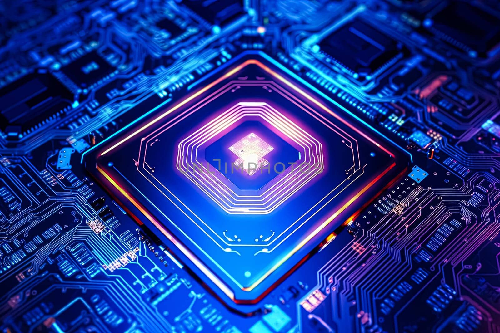 A computer chip is shown in a blue and purple color scheme by Alla_Morozova93