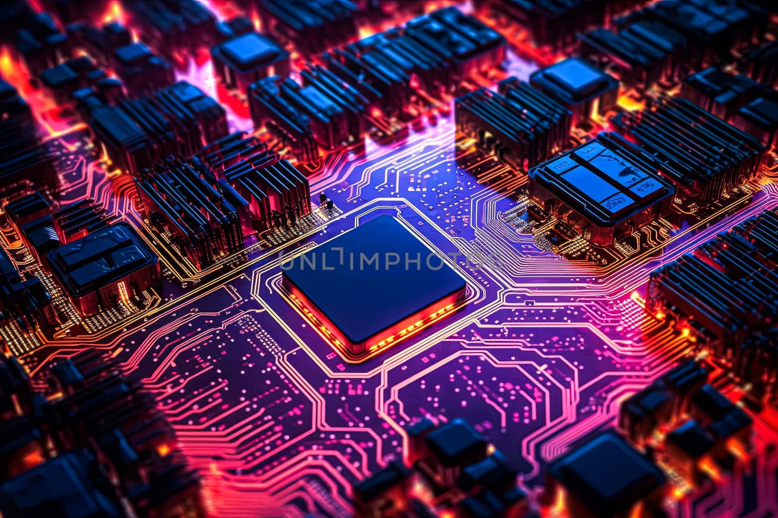 A computer chip is shown in a blue and purple color scheme. by Alla_Morozova93