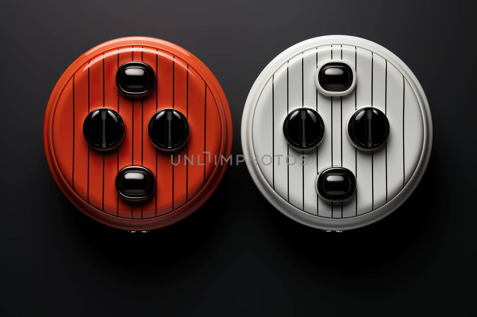 Red and white buttons on a dark background. Button template for interface. Generated by artificial intelligence by Vovmar