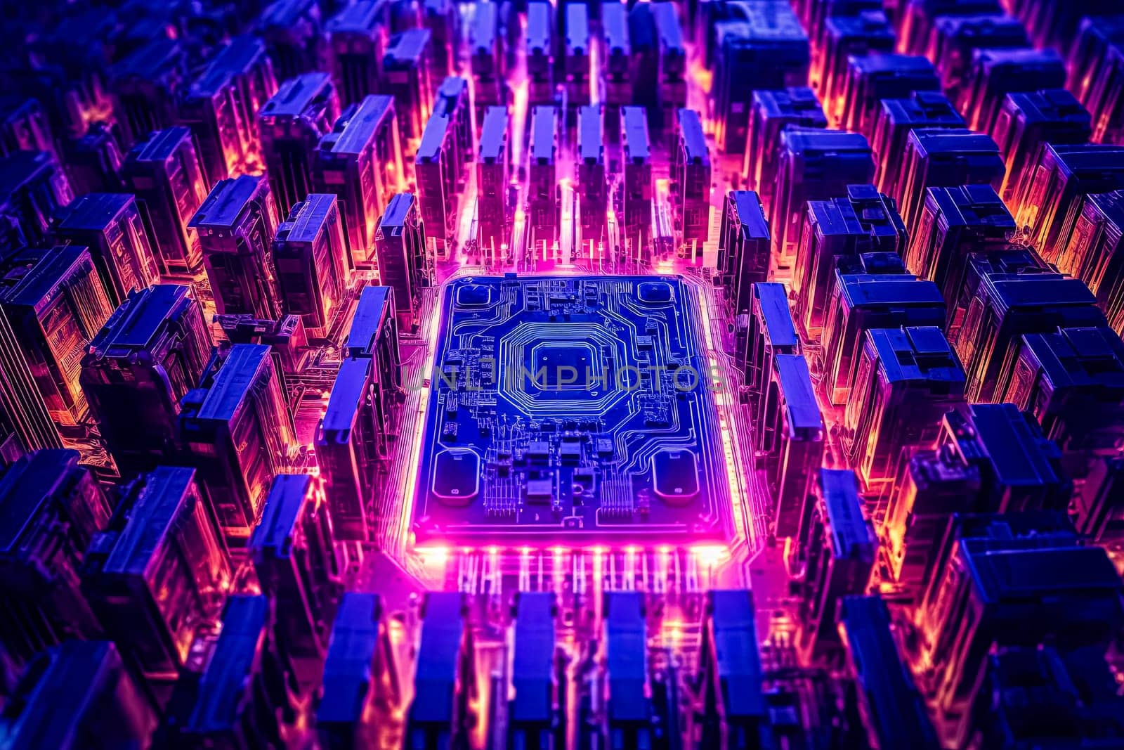A computer chip is shown in a blue and purple color scheme. The chip is surrounded by a blue background and is the main focus of the image. The colors and design of the chip give off a futuristic