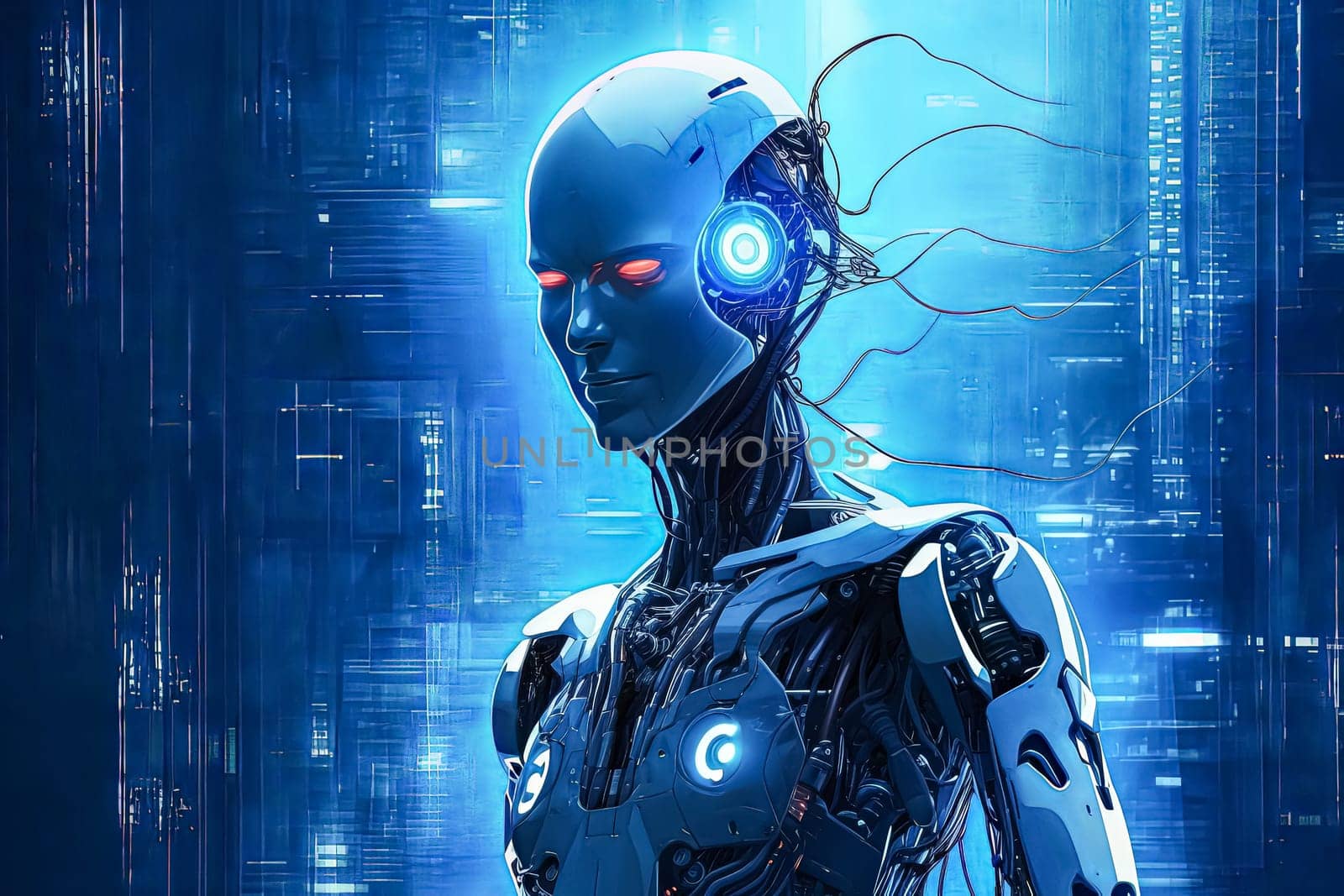 A female robot model poses against a vibrant blue background by Alla_Morozova93