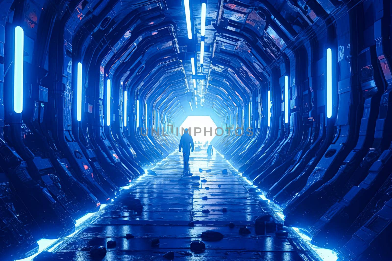 A man is walking down a long, narrow tunnel with blue walls. The tunnel is lit up with blue lights, creating a sense of depth and mystery