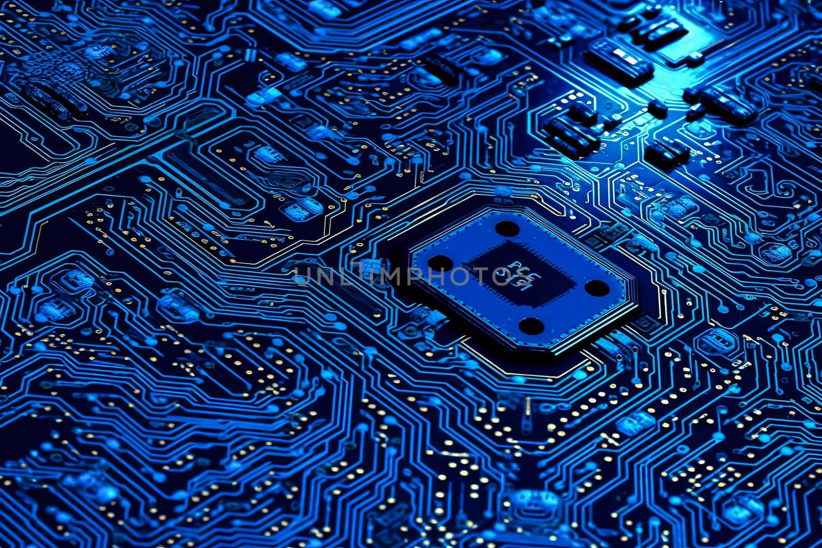 A close up of a blue electronic circuit board with a small chip on it by Alla_Morozova93