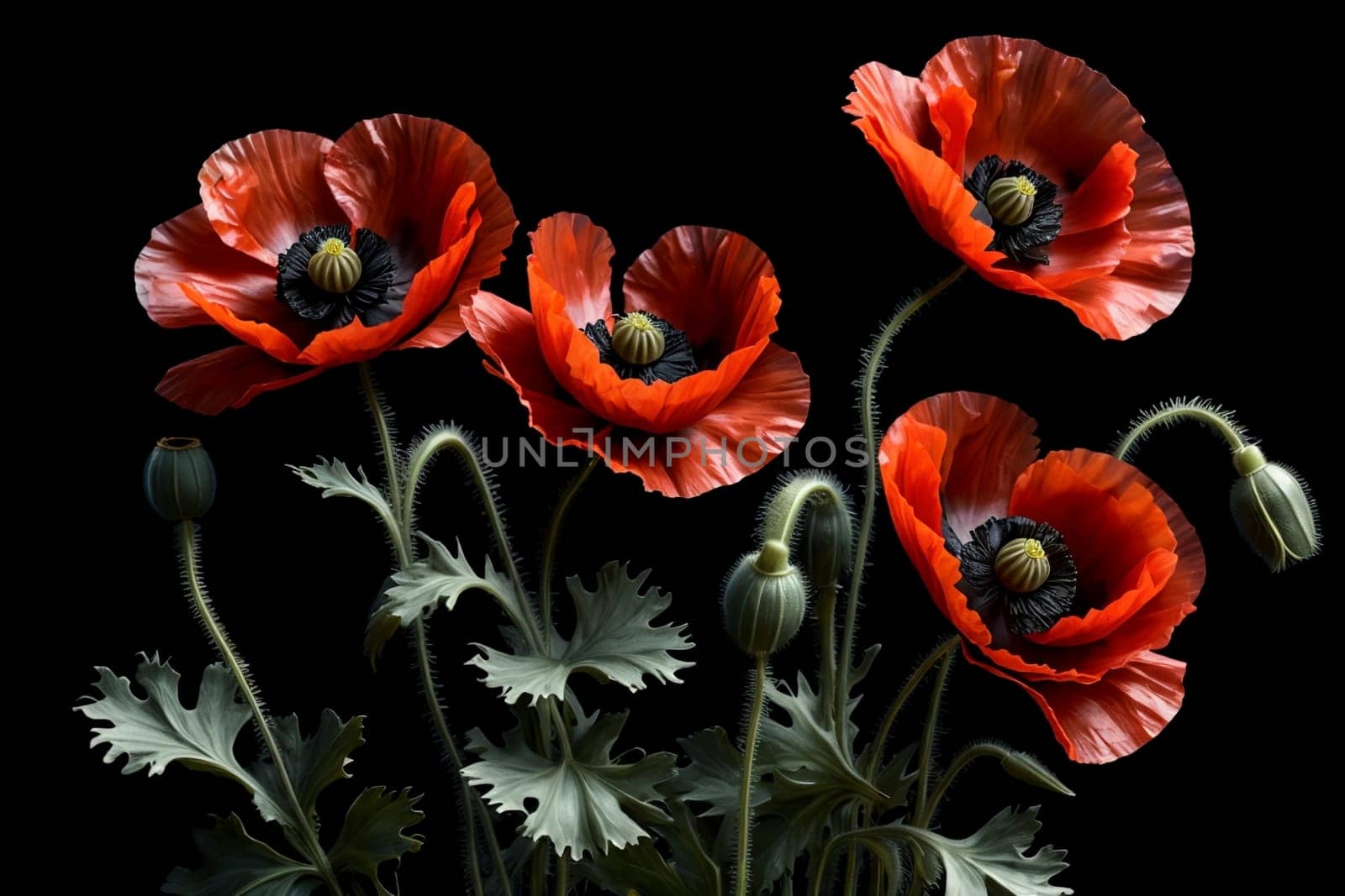 Blooming red poppies on a black background .