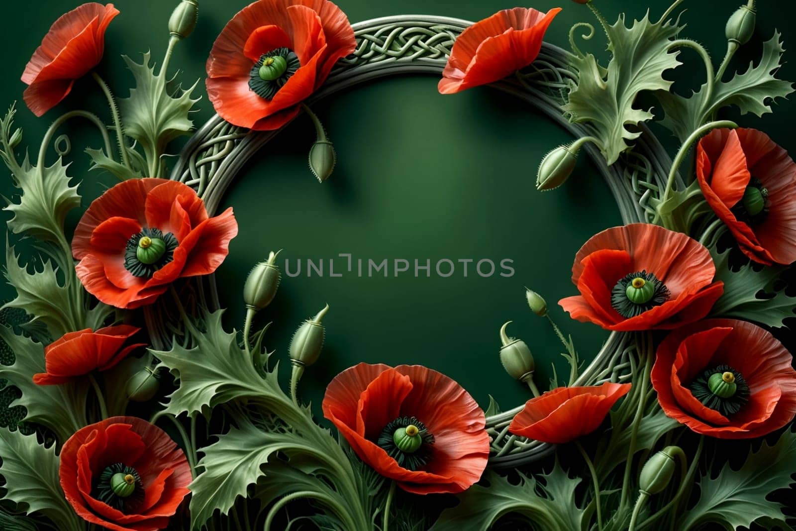 Blooming red poppies on a green background .