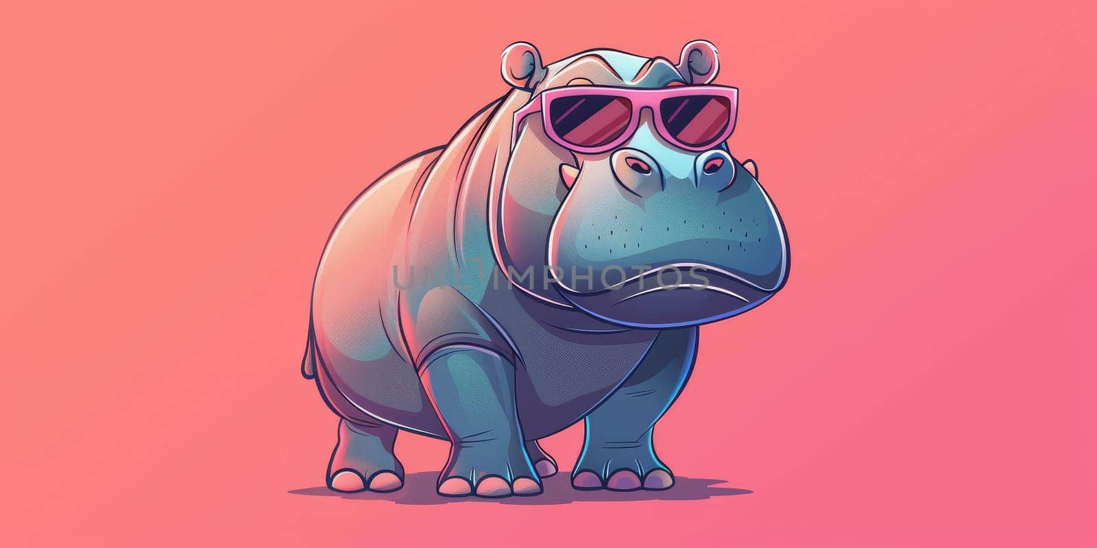 Hippopotamus with a sunglasses on pastel pink color background by Kadula
