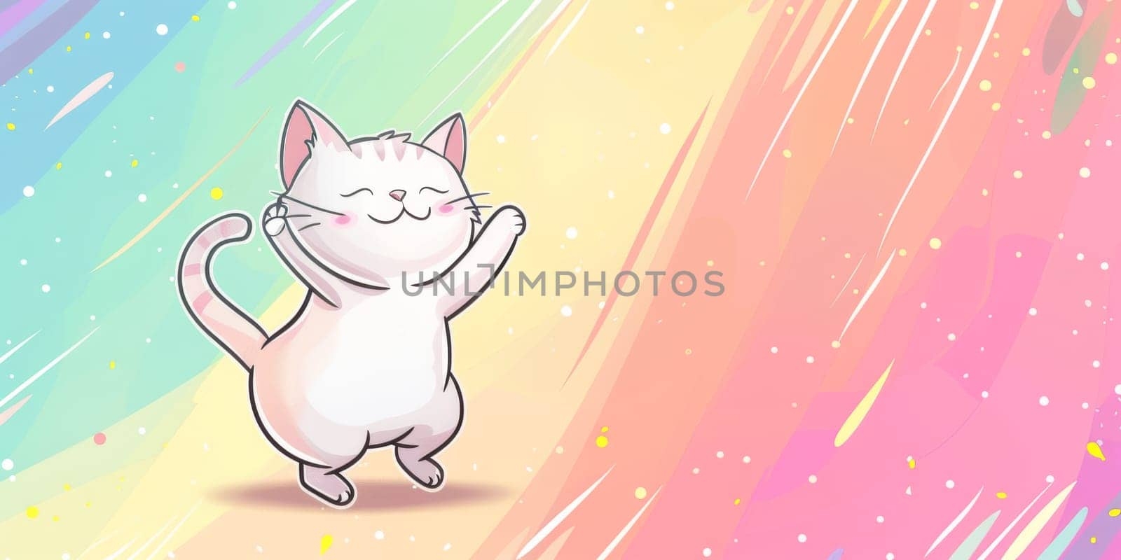 Cartoon kitty on the left side dancing on pastel colorful background