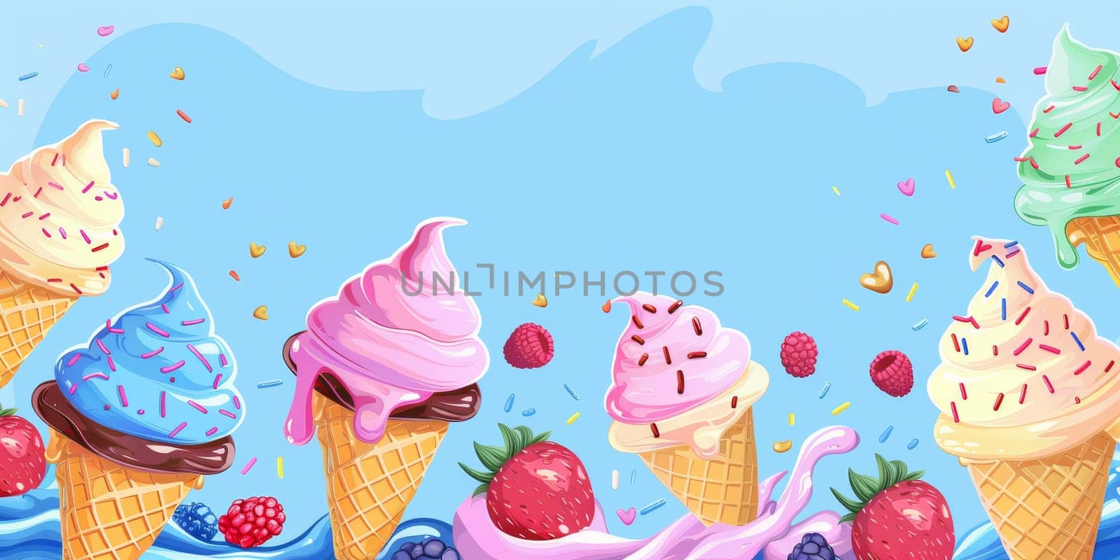 Kind of an ice cream with fruit isolated on bright blue background with copy space