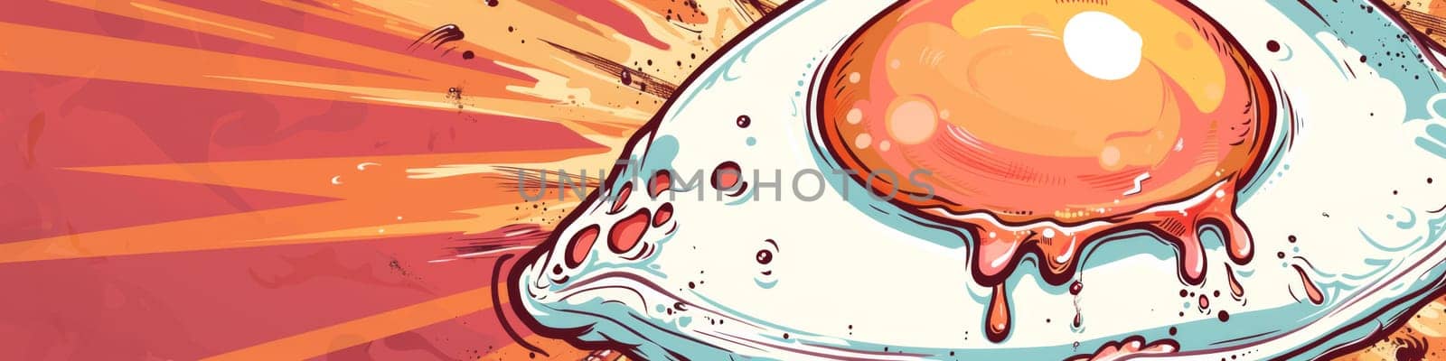 Macro detail to a bulls eye egg as pop art style isolated on orange, red and yellow background with copy space