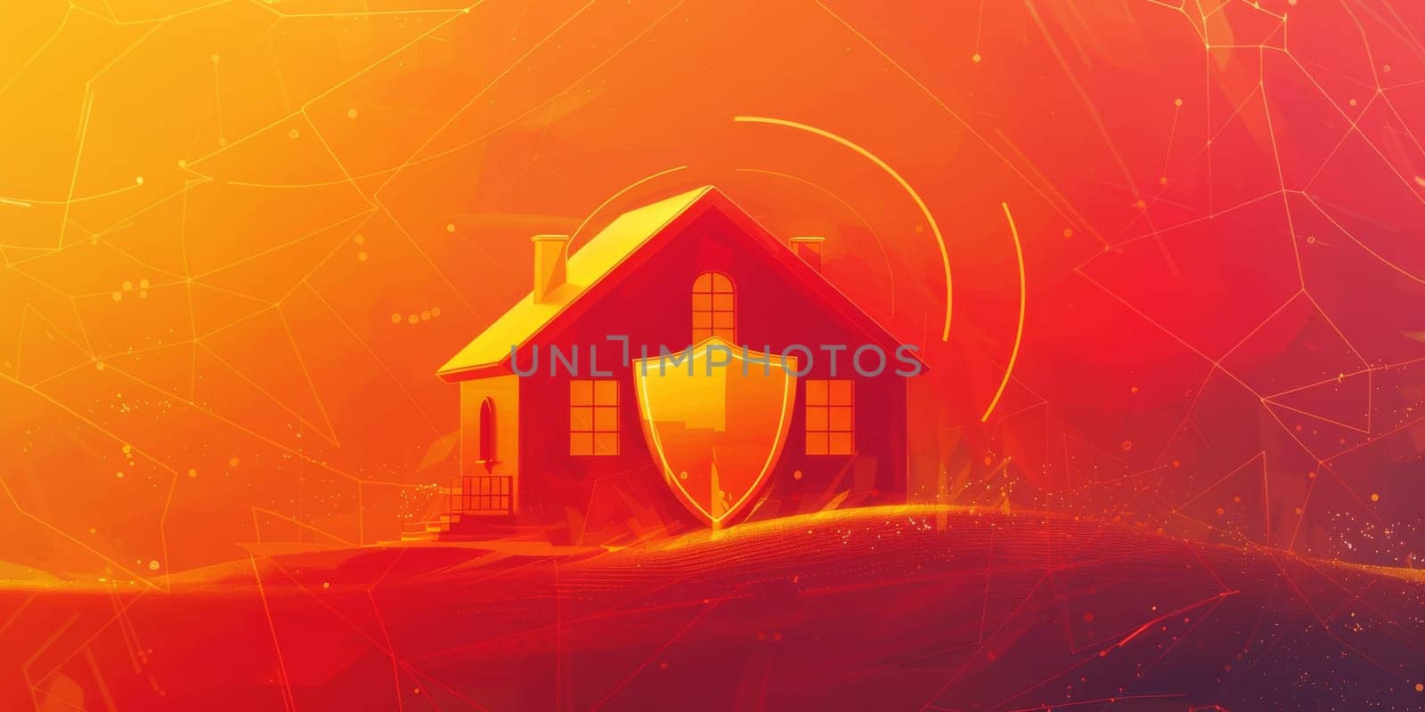 Protect house concept, protection shield in front of the house isolated on orange and red background