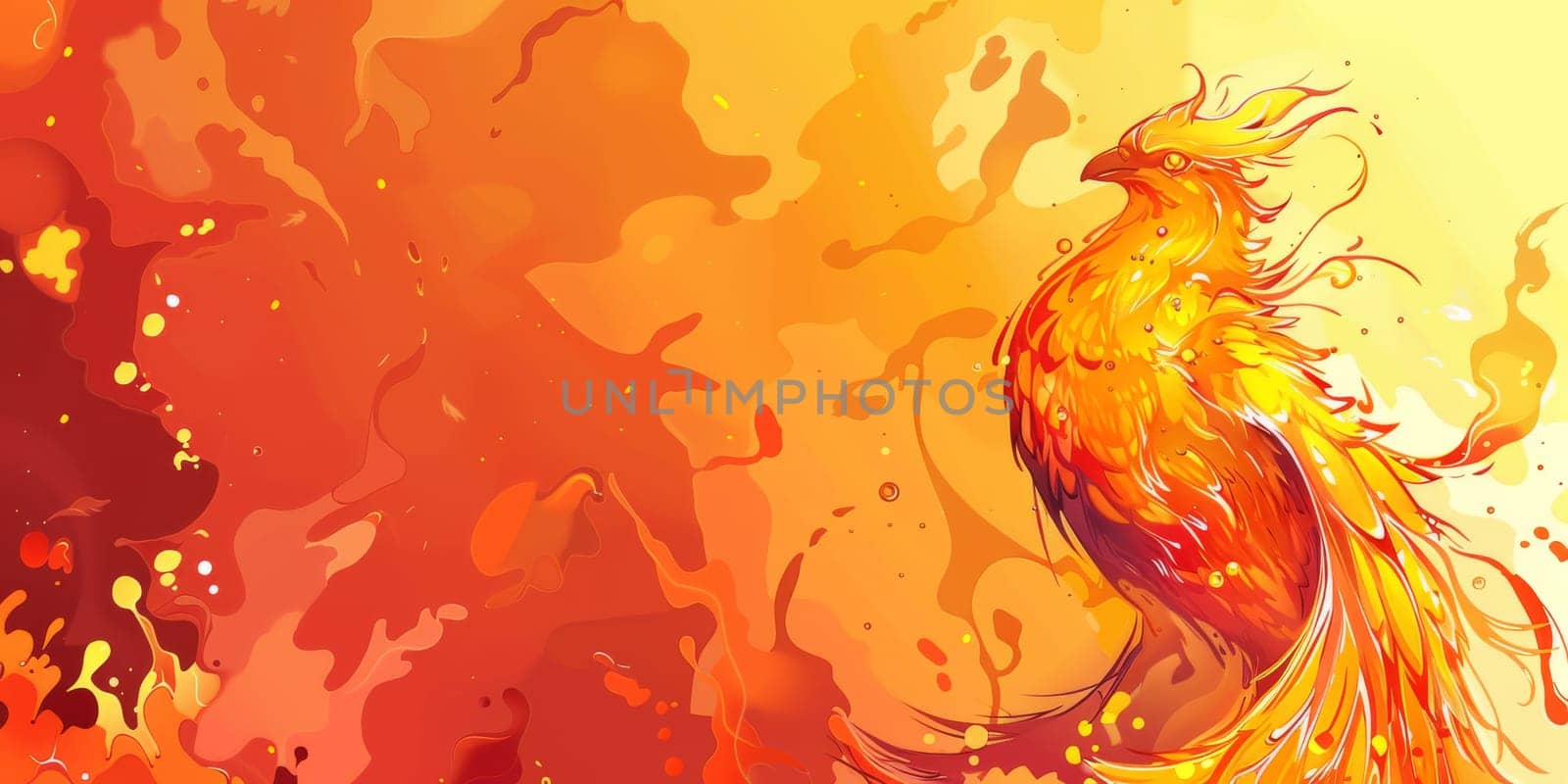 Cartoon Fenix isolated on the burning fiery background with copy space