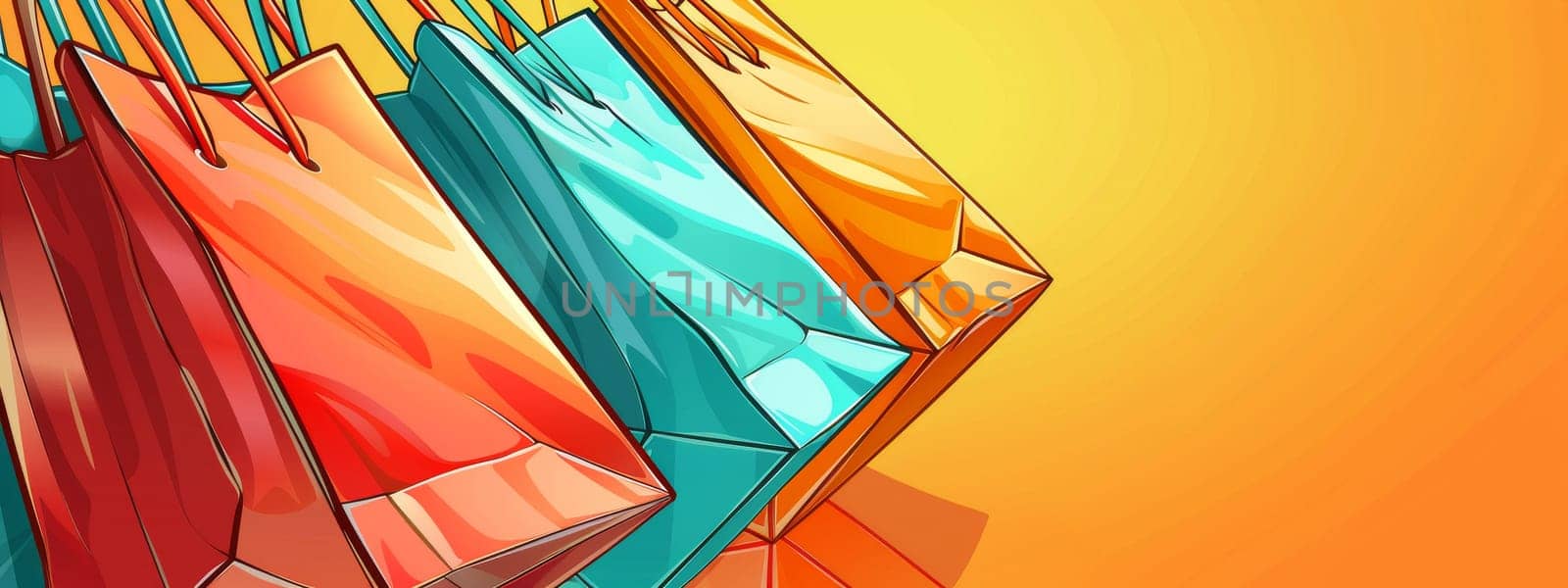 Close up of shopping bags on the left side isolated on bright yellow background, shopping concept by Kadula